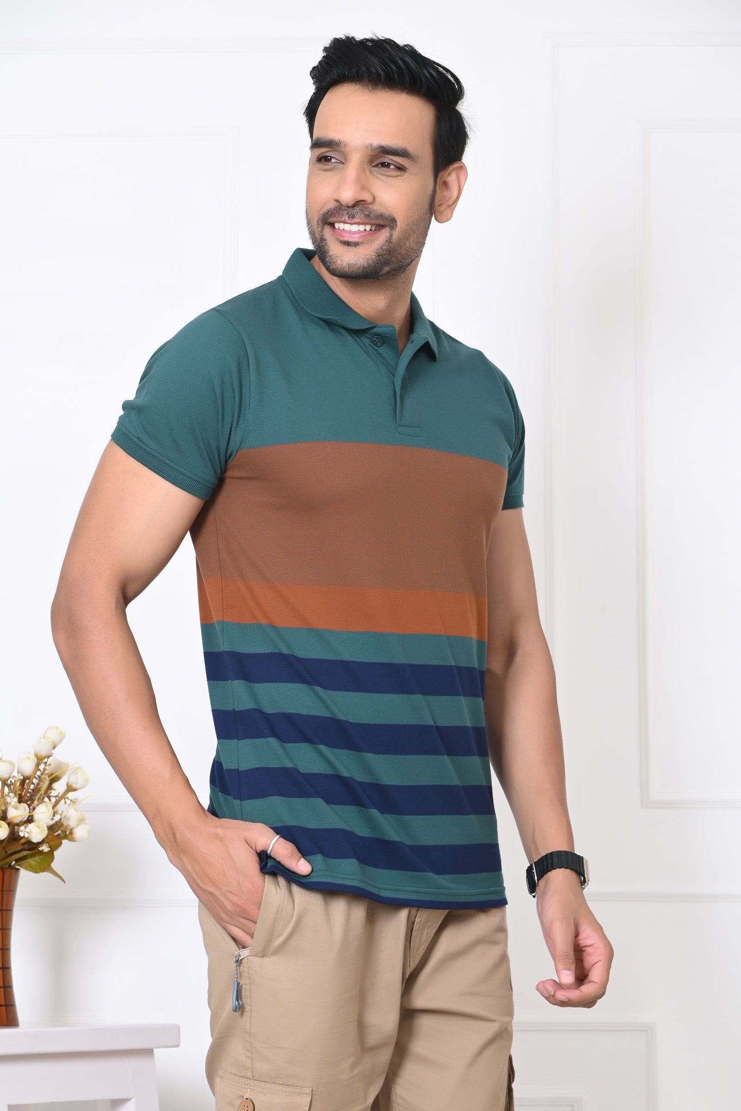 Men Striped Polo Neck Cotton Blend Half Sleeve T-Shirt