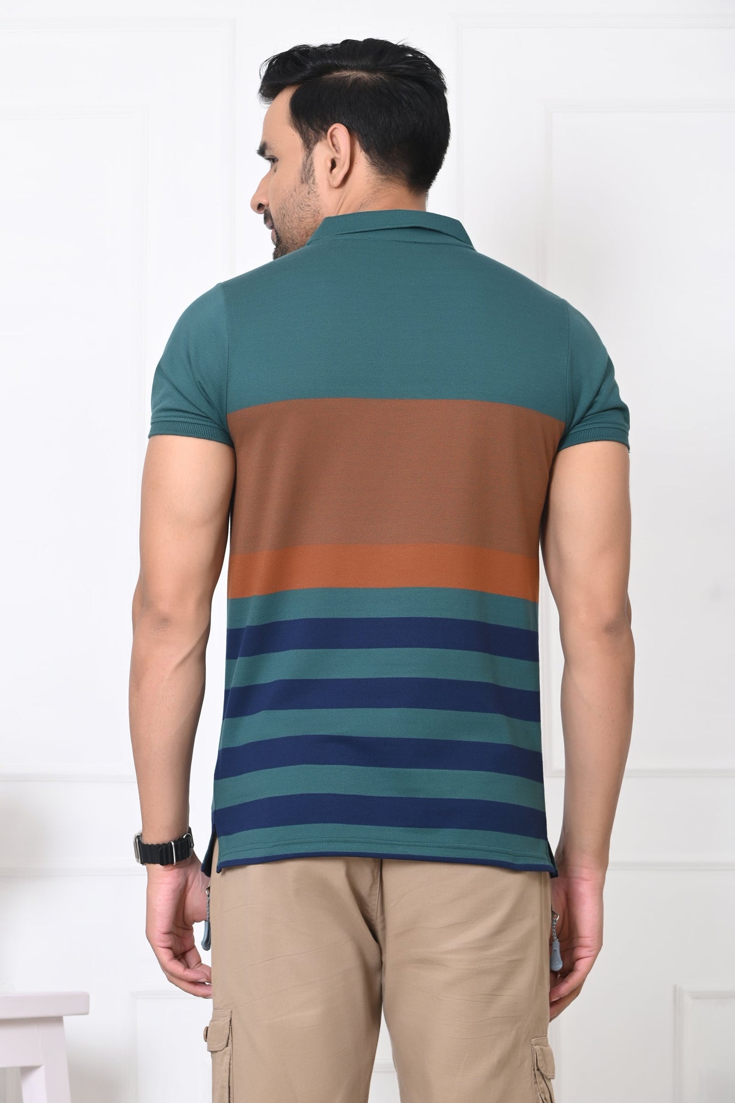 Men Striped Polo Neck Cotton Blend Half Sleeve T-Shirt