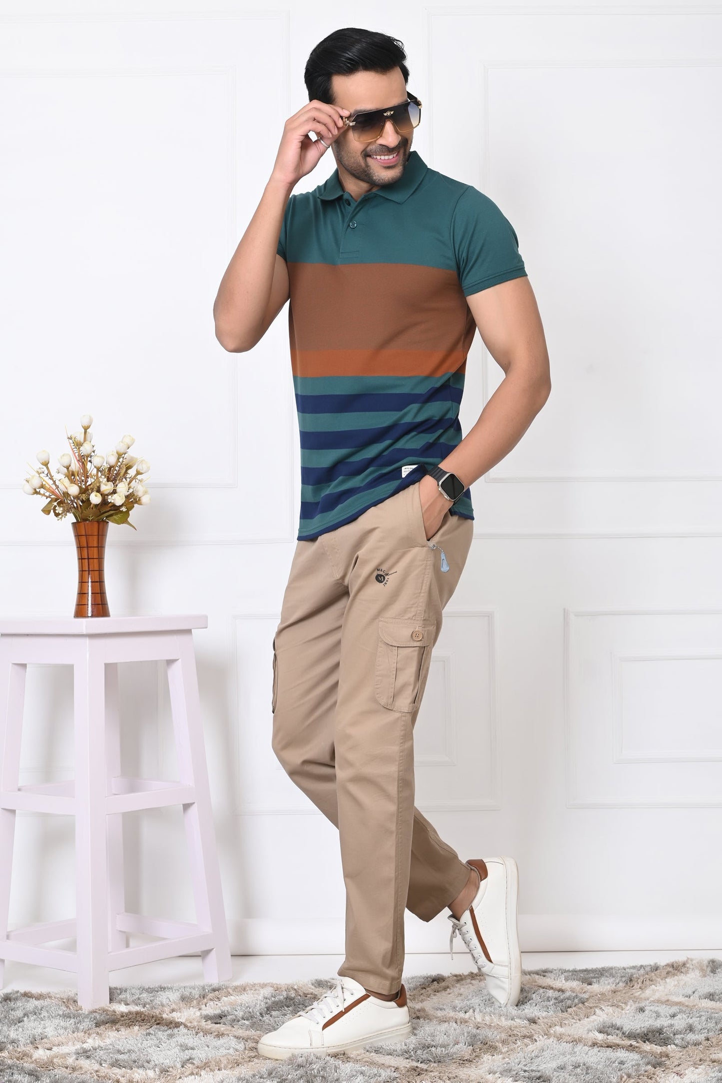 Men Striped Polo Neck Cotton Blend Half Sleeve T-Shirt