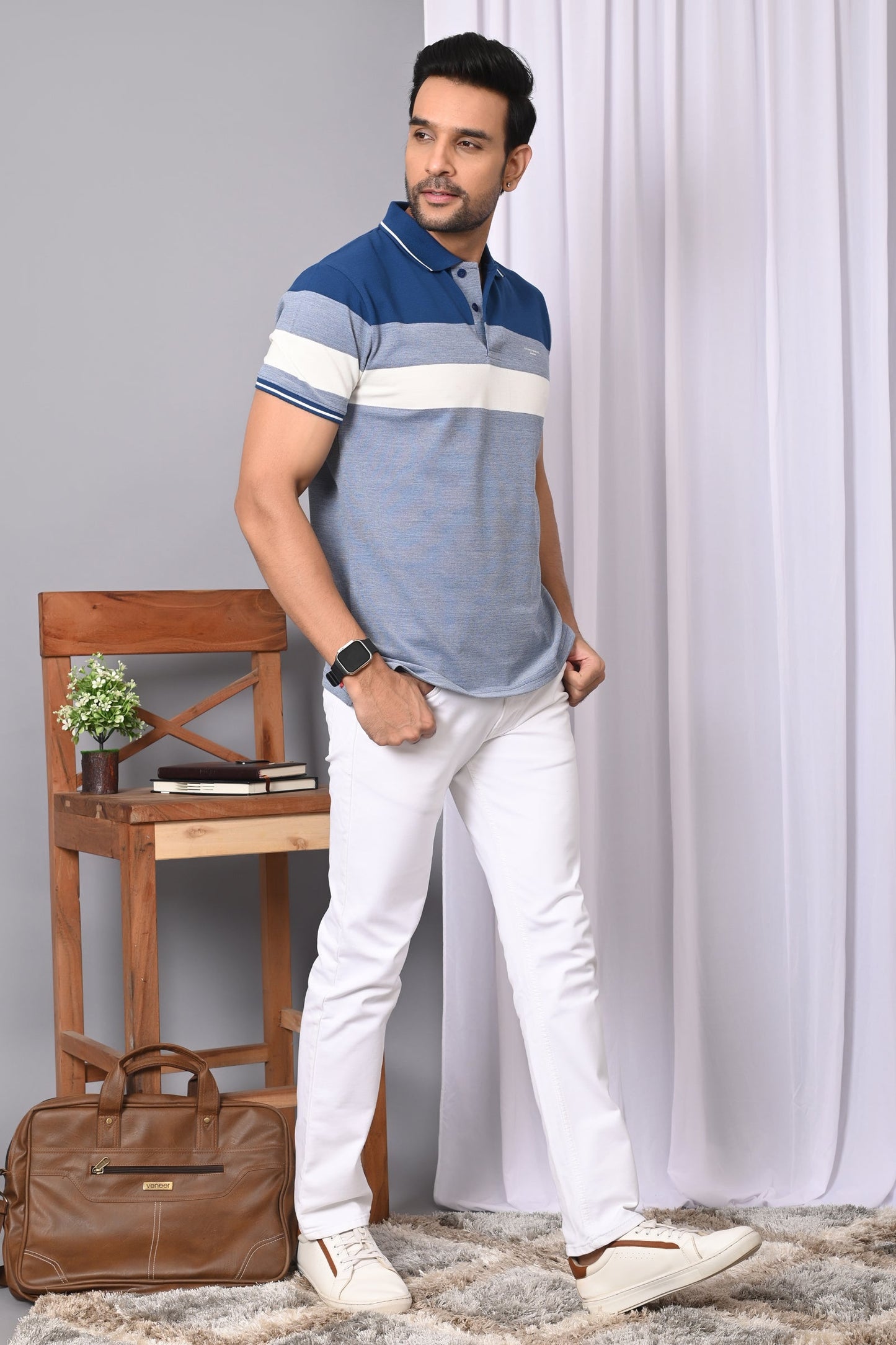 Arbour Men Polo Neck Stripes Casual Half Sleeves T-Shirt