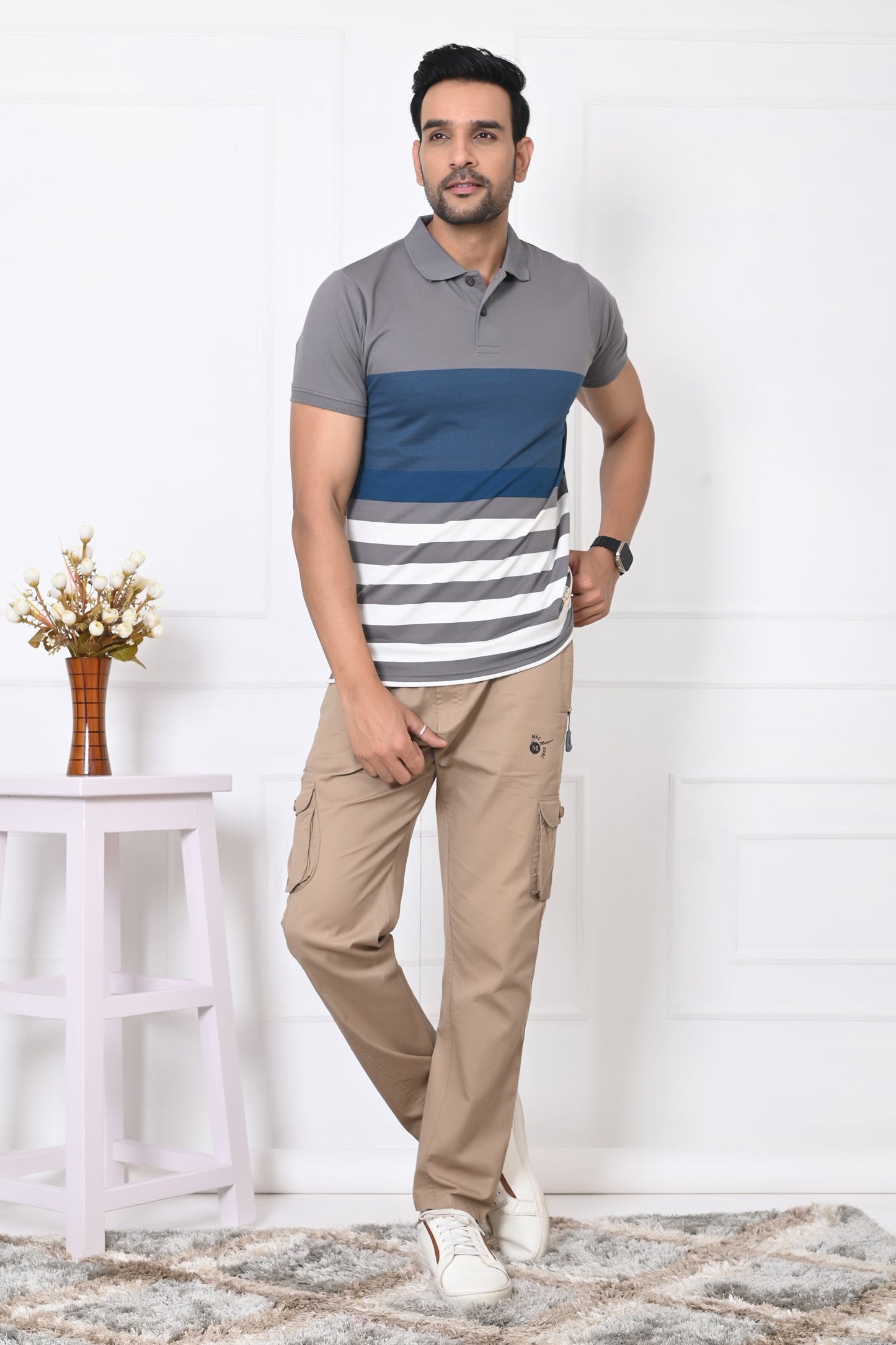 Men Striped Polo Neck Cotton Blend Half Sleeve T-Shirt