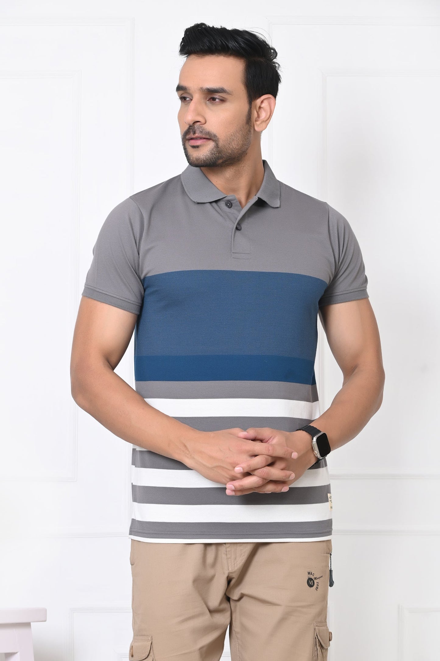 Men Striped Polo Neck Cotton Blend Half Sleeve T-Shirt