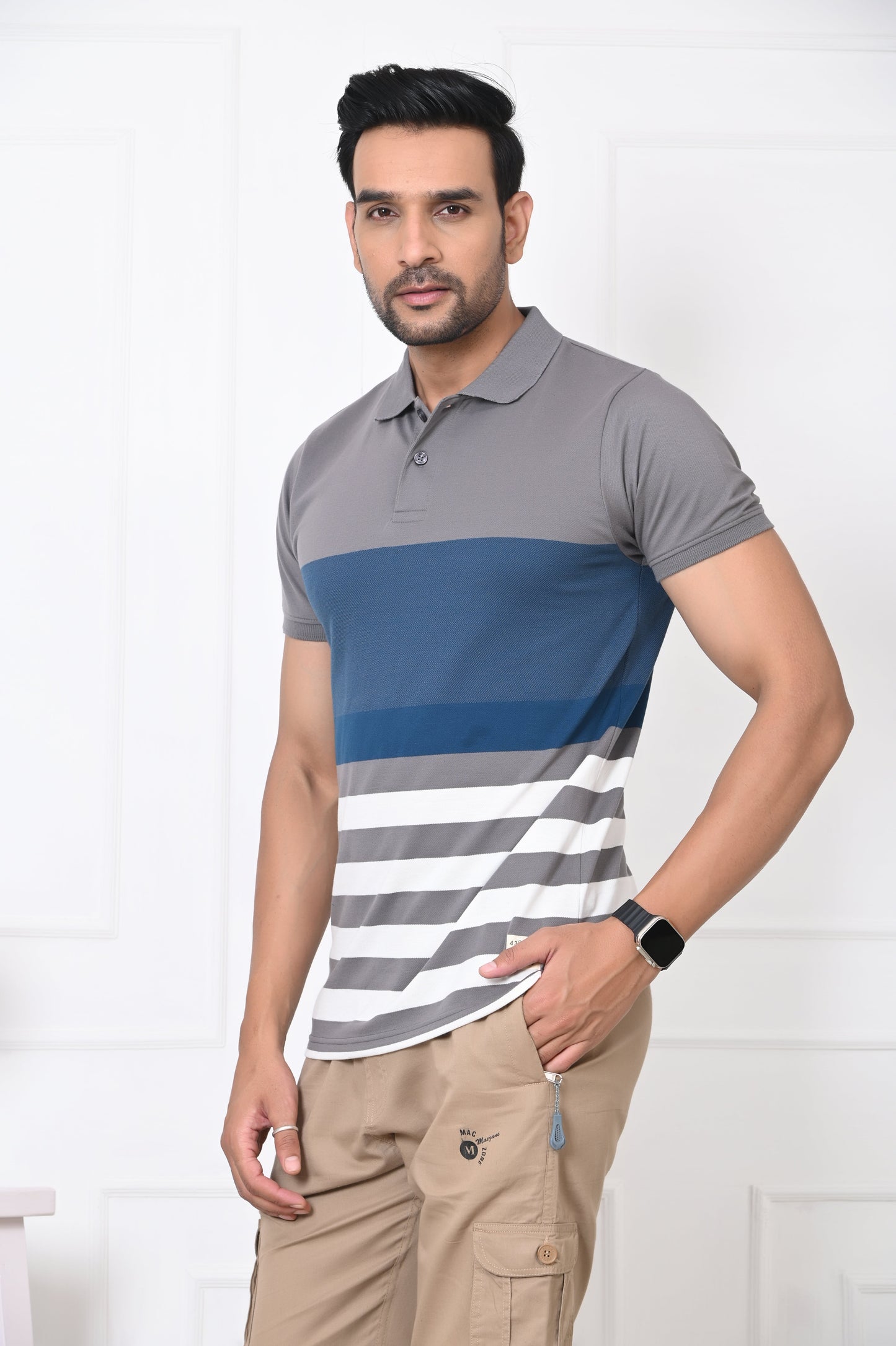 Men Striped Polo Neck Cotton Blend Half Sleeve T-Shirt