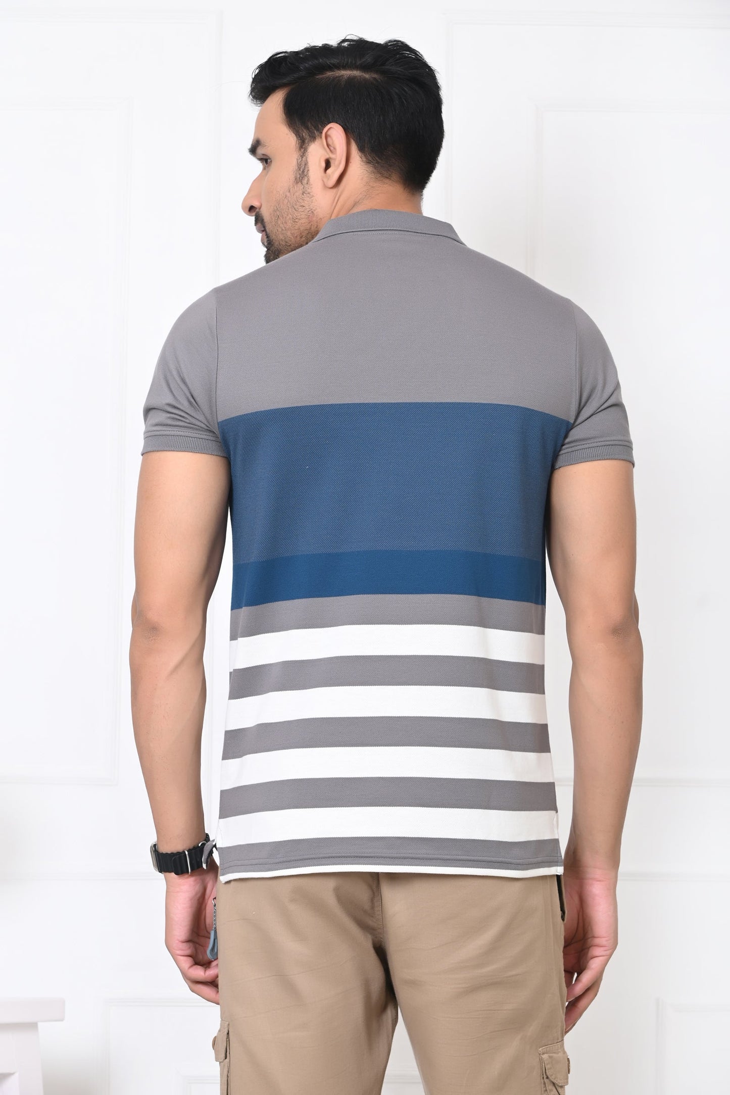 Men Striped Polo Neck Cotton Blend Half Sleeve T-Shirt