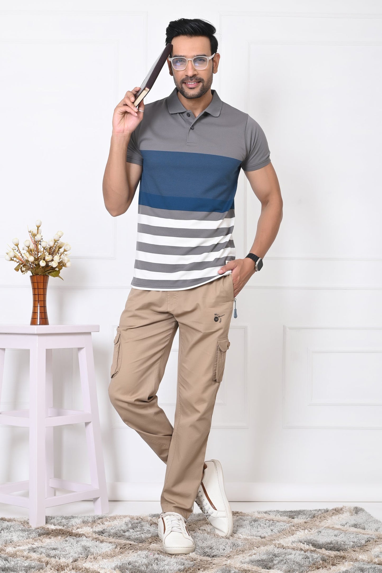 Men Striped Polo Neck Cotton Blend Half Sleeve T-Shirt