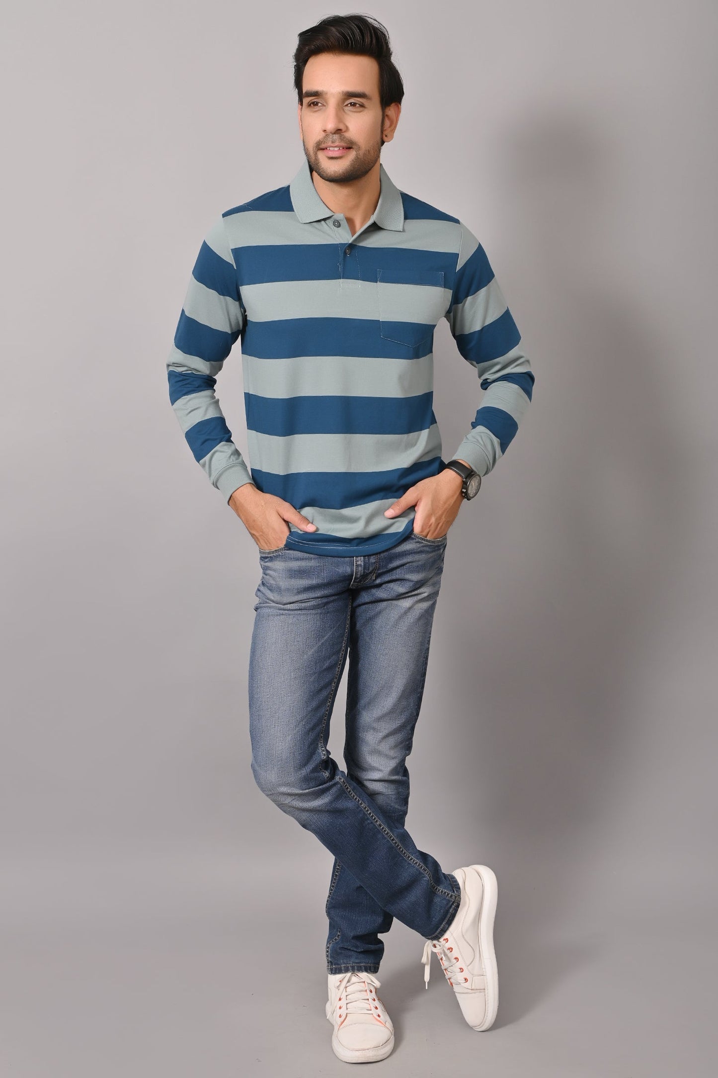 Arbour Men Polo Neck Pocket Stripes Full Sleeves T-Shirt