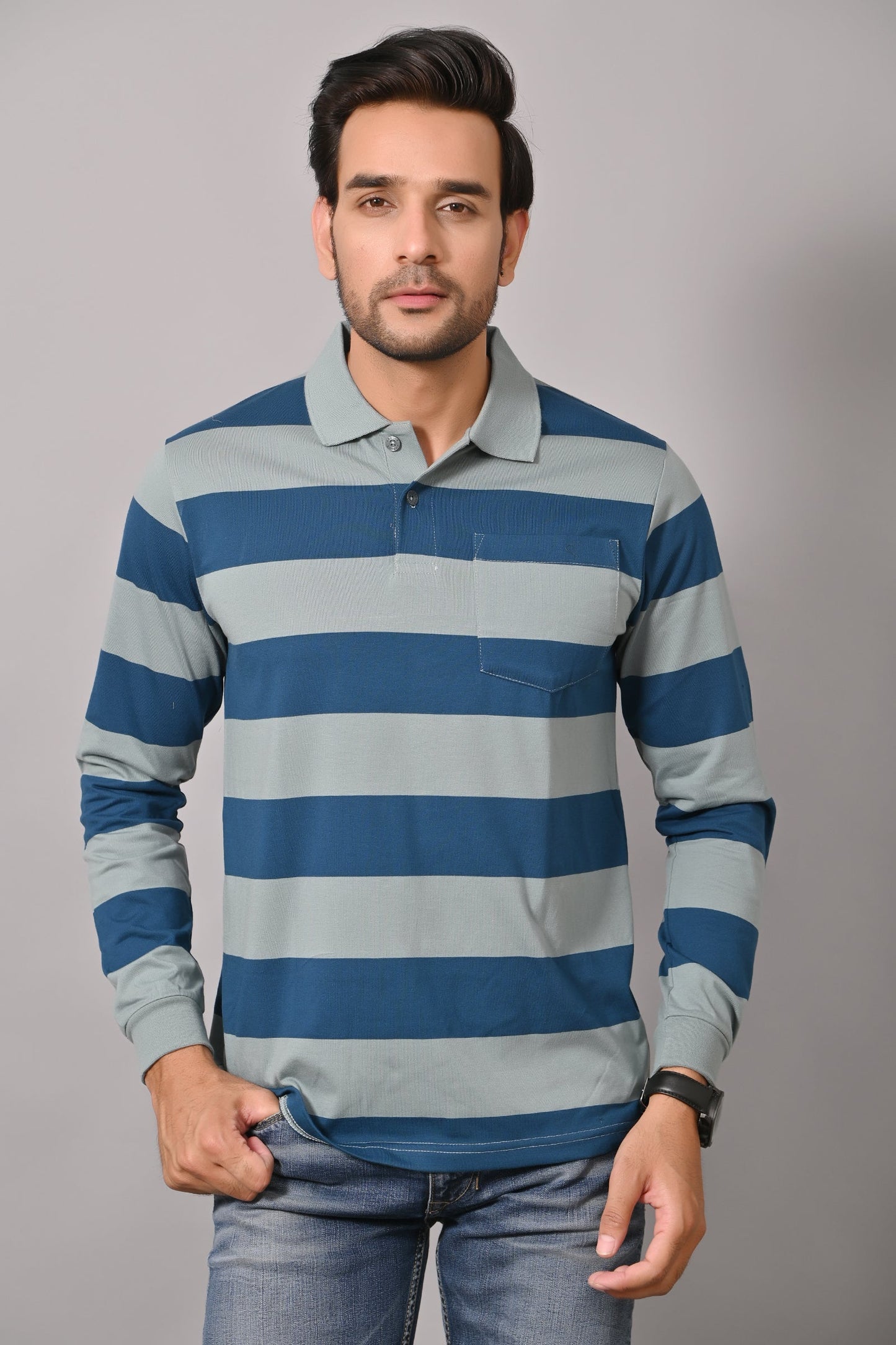 Arbour Men Polo Neck Pocket Stripes Full Sleeves T-Shirt