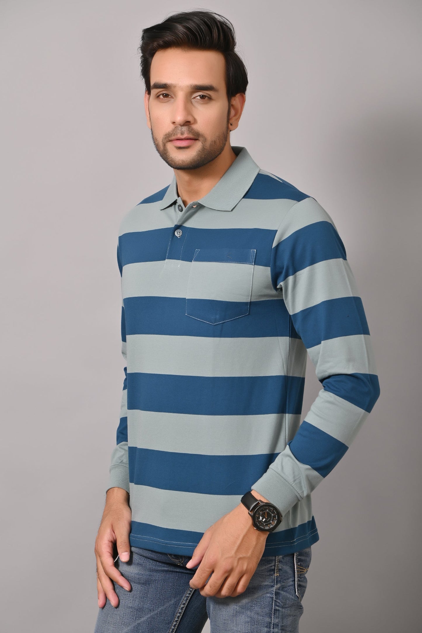 Arbour Men Polo Neck Pocket Stripes Full Sleeves T-Shirt