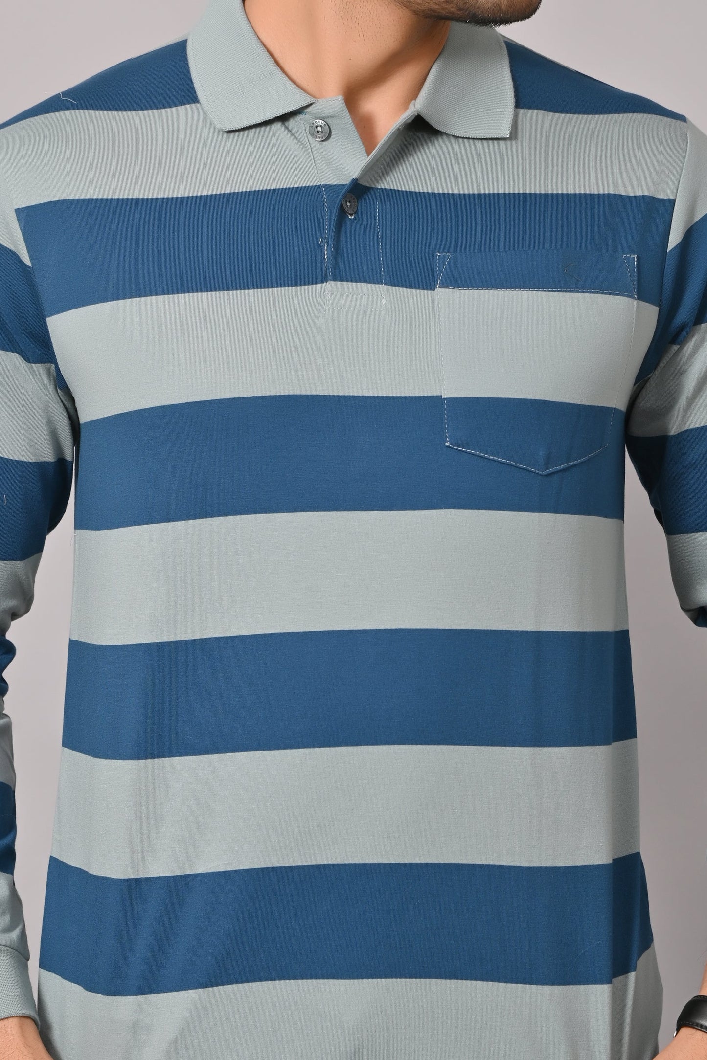 Arbour Men Polo Neck Pocket Stripes Full Sleeves T-Shirt