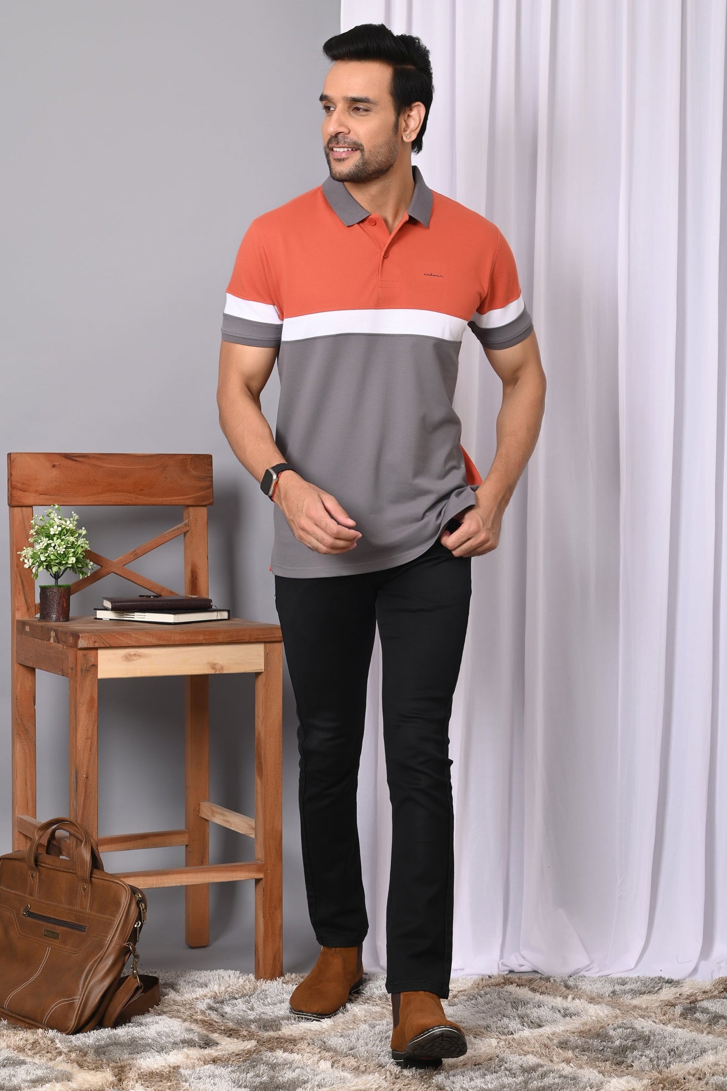 Arbour Men Polo Neck Color Block Half Sleeves T-Shirt