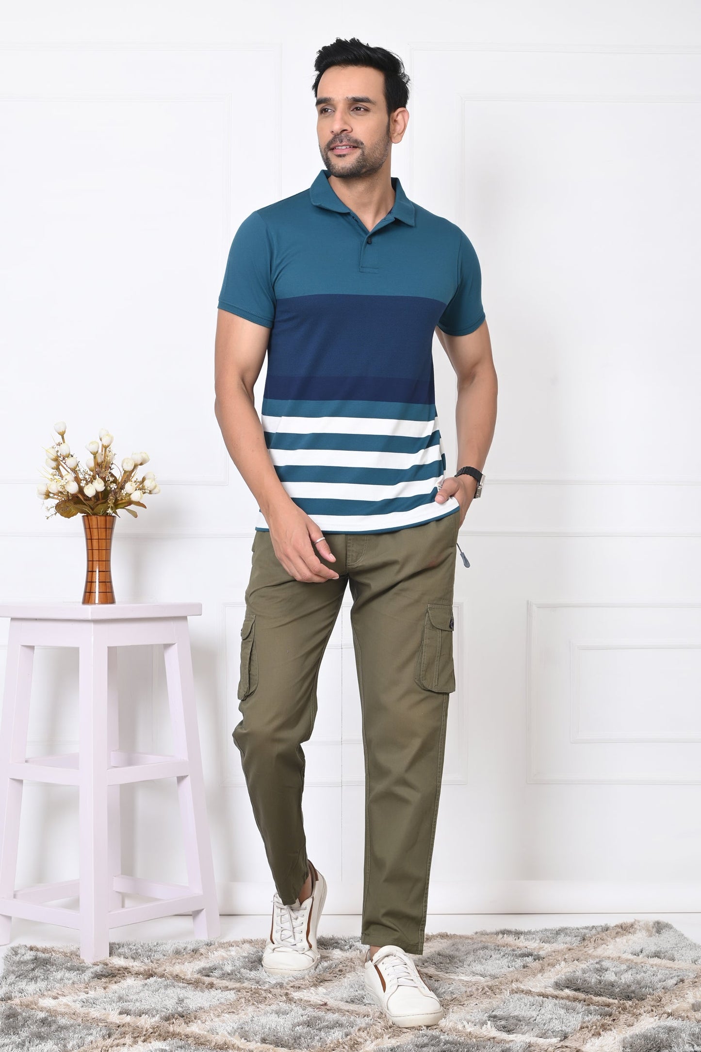 Men Striped Polo Neck Cotton Blend Half Sleeve T-Shirt