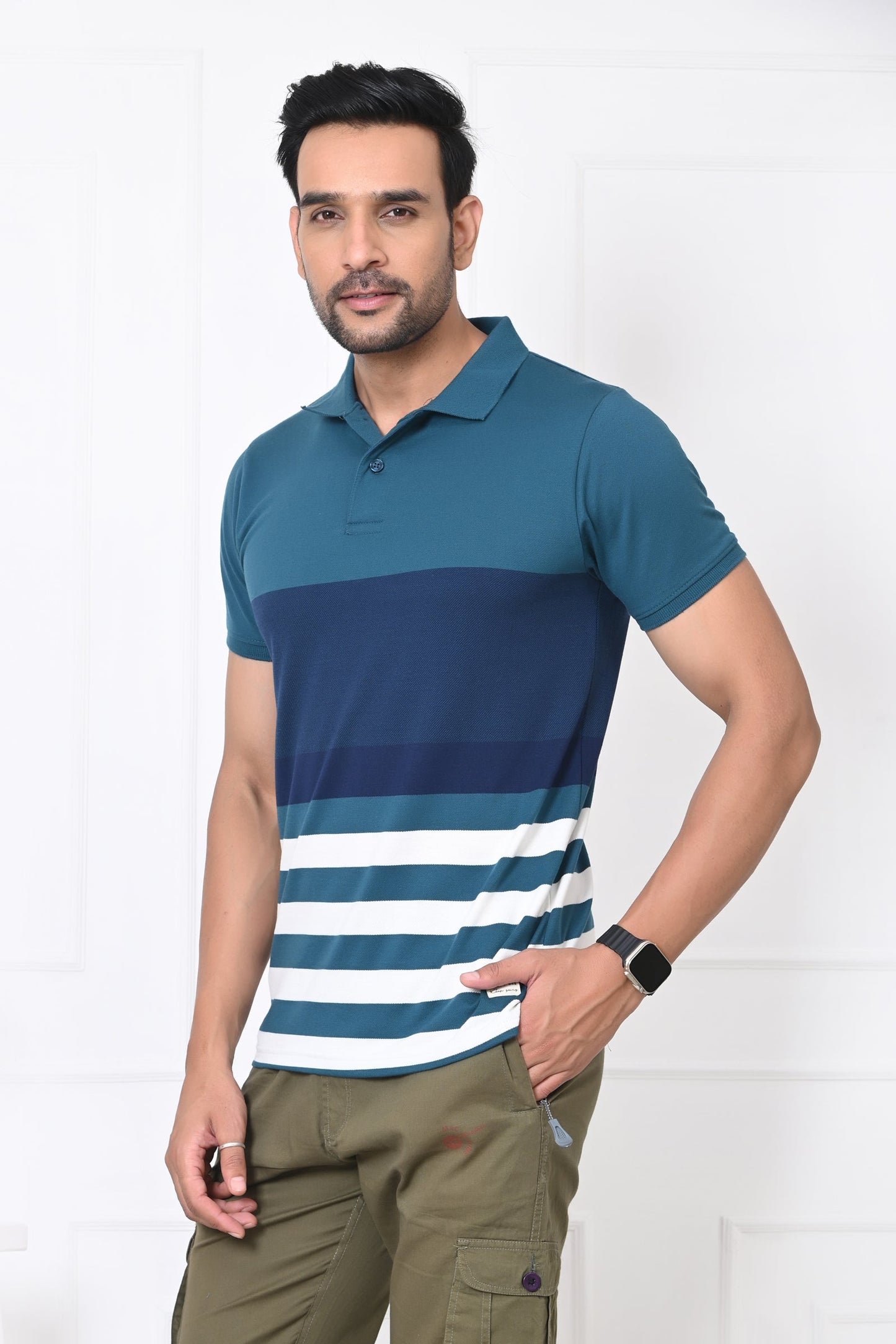 Men Striped Polo Neck Cotton Blend Half Sleeve T-Shirt