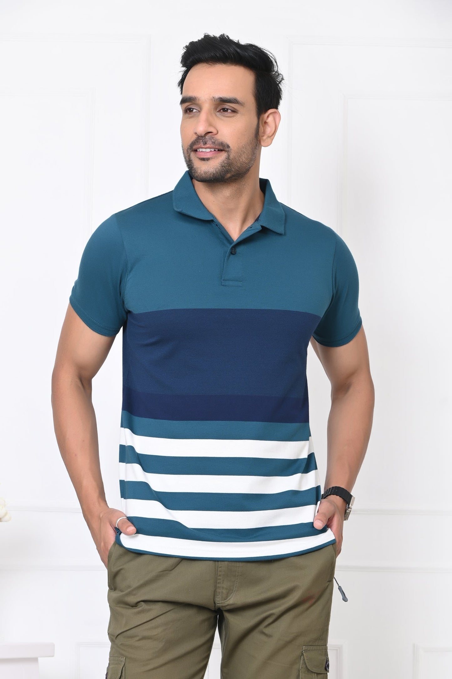 Men Striped Polo Neck Cotton Blend Half Sleeve T-Shirt