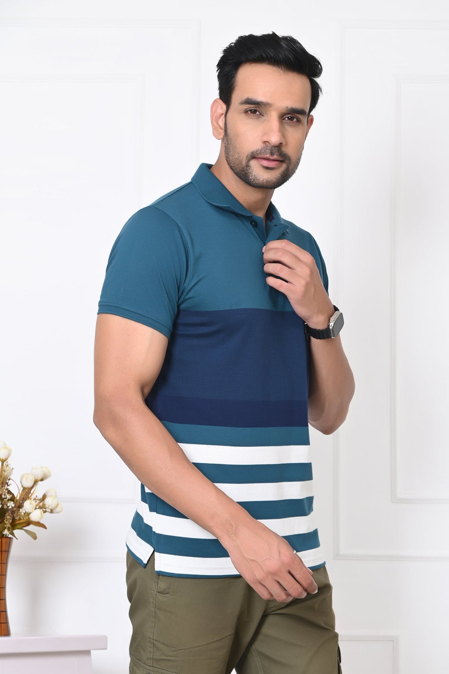 Men Striped Polo Neck Cotton Blend Half Sleeve T-Shirt