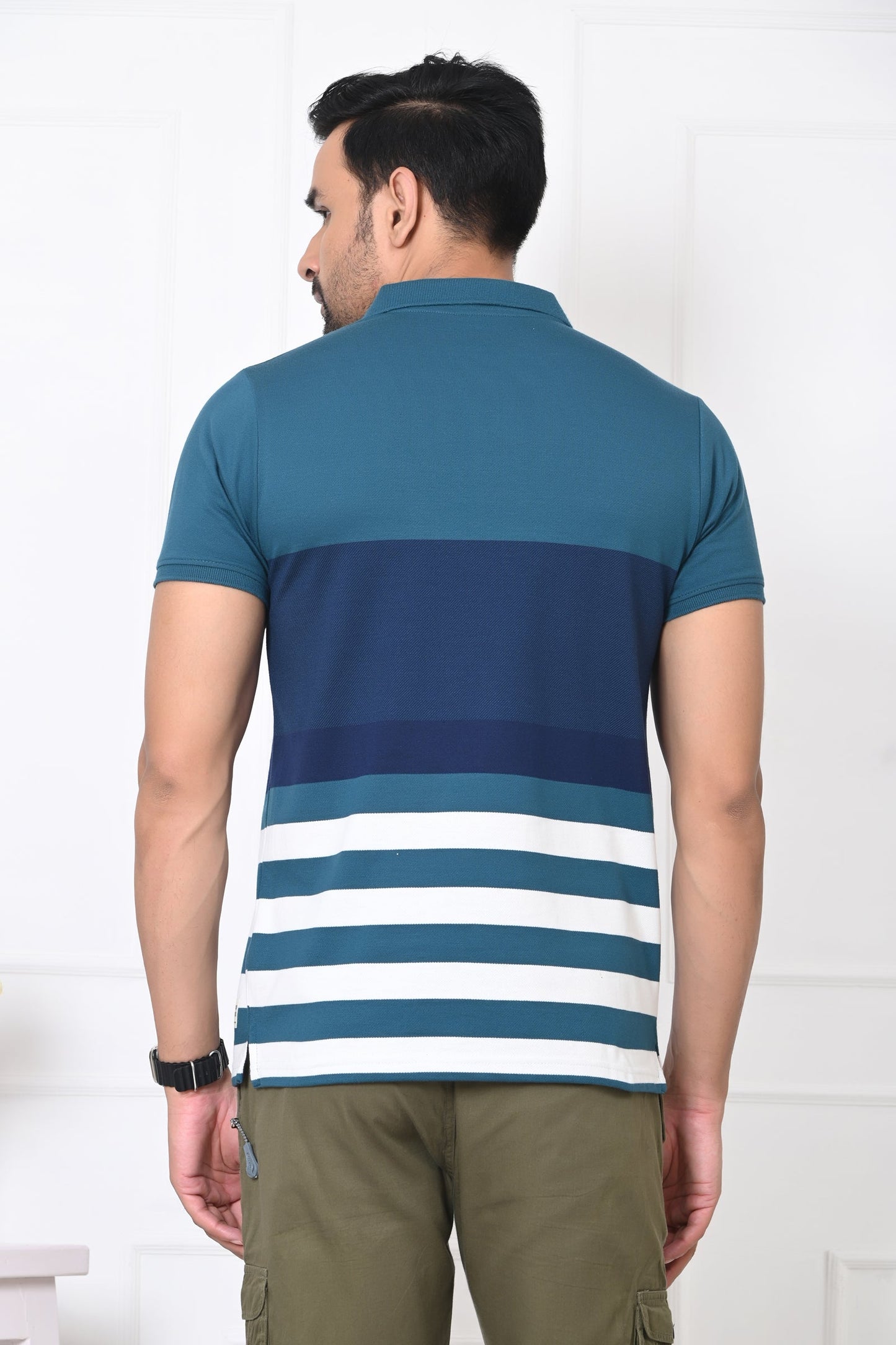 Men Striped Polo Neck Cotton Blend Half Sleeve T-Shirt