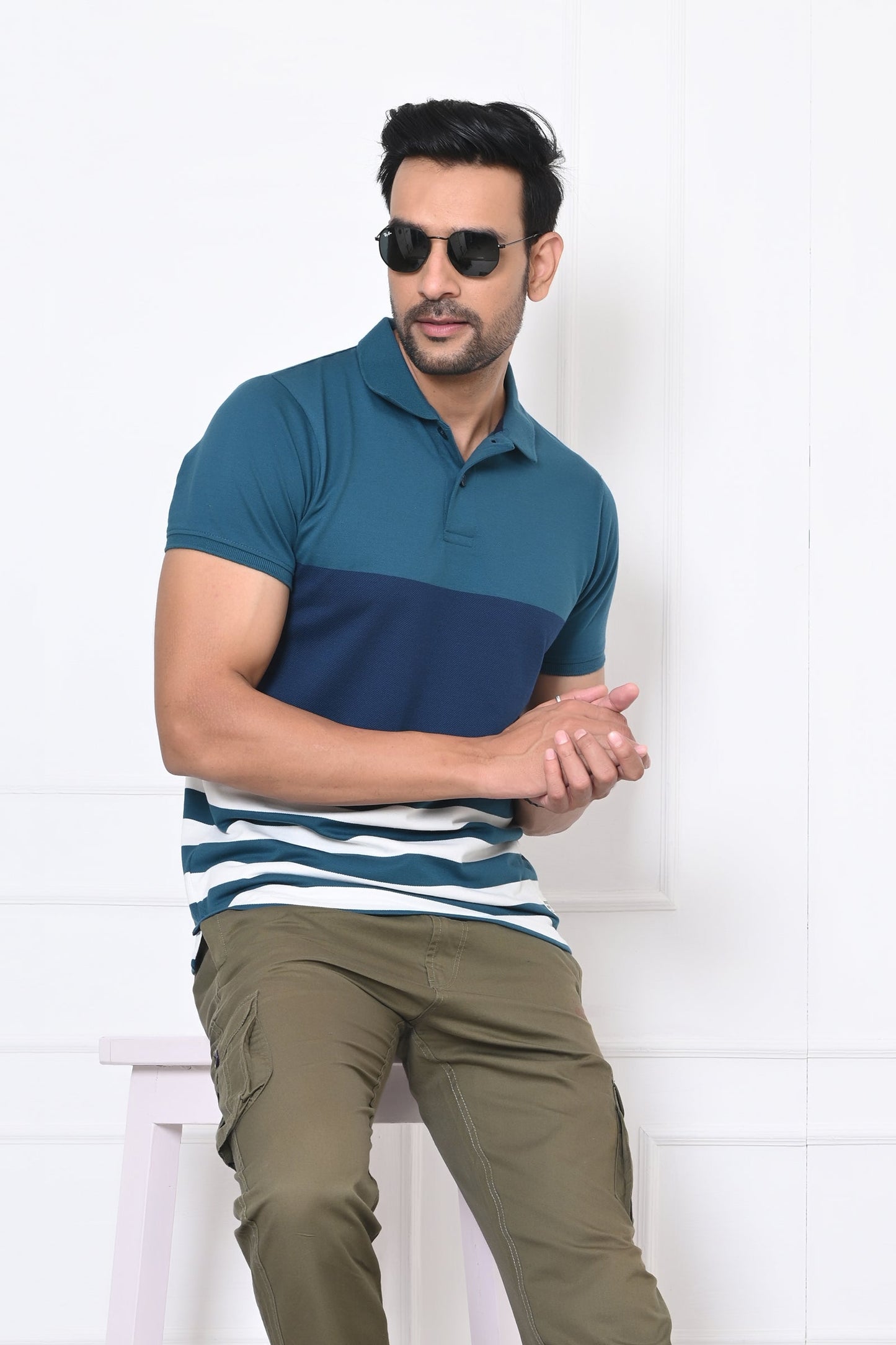 Men Striped Polo Neck Cotton Blend Half Sleeve T-Shirt