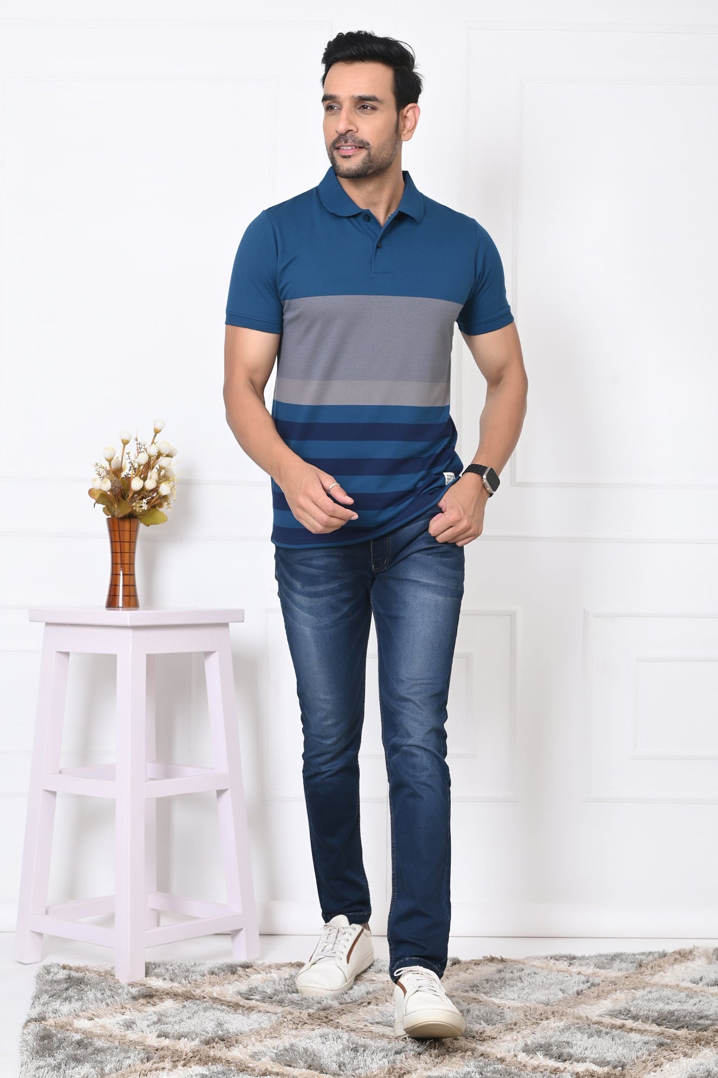 Men Striped Polo Neck Cotton Blend Half Sleeve T-Shirt