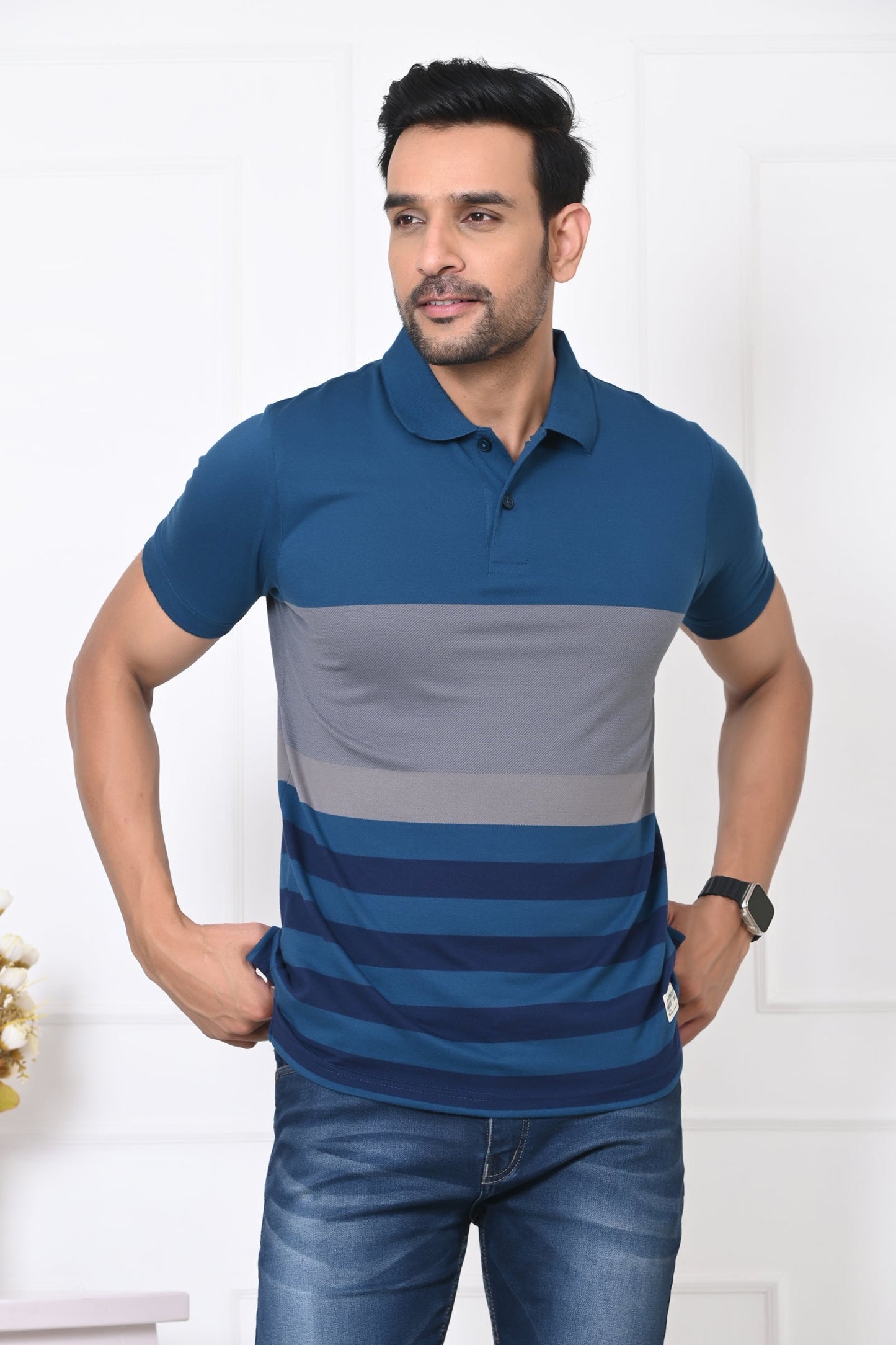 Men Striped Polo Neck Cotton Blend Half Sleeve T-Shirt