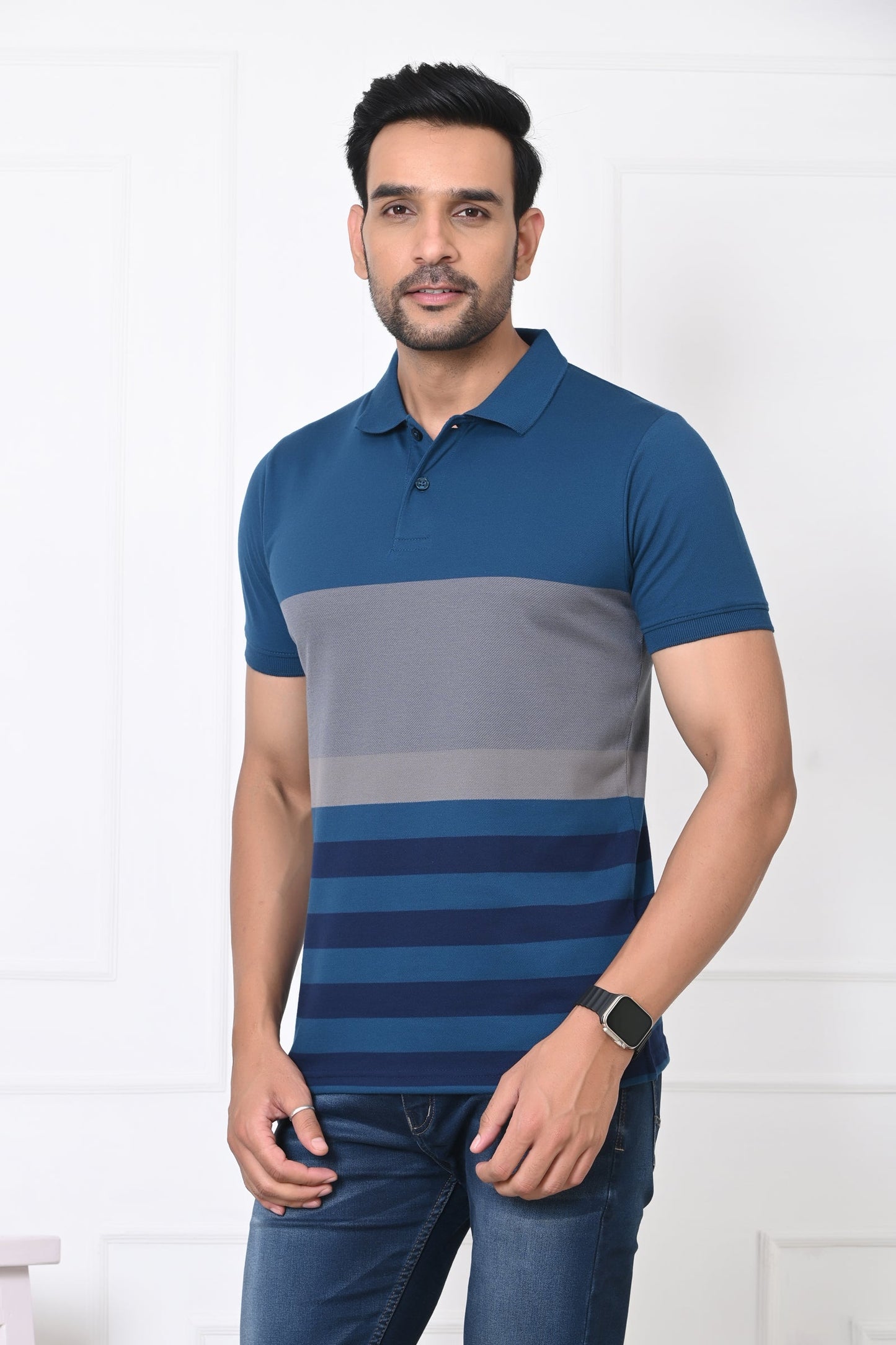 Men Striped Polo Neck Cotton Blend Half Sleeve T-Shirt