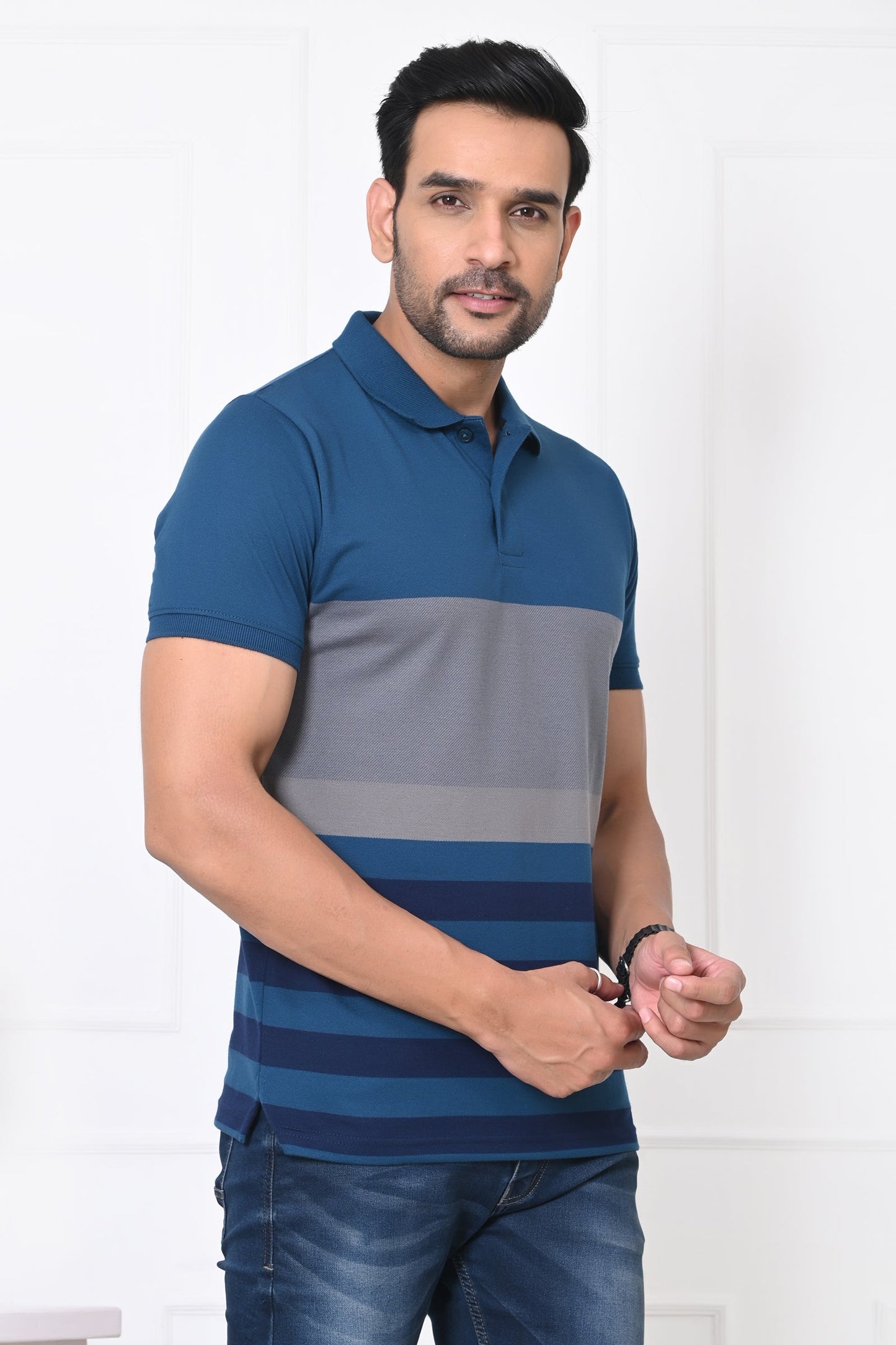 Men Striped Polo Neck Cotton Blend Half Sleeve T-Shirt