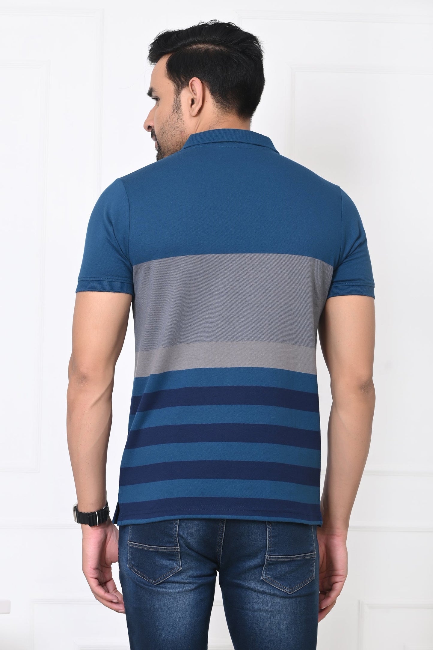 Men Striped Polo Neck Cotton Blend Half Sleeve T-Shirt