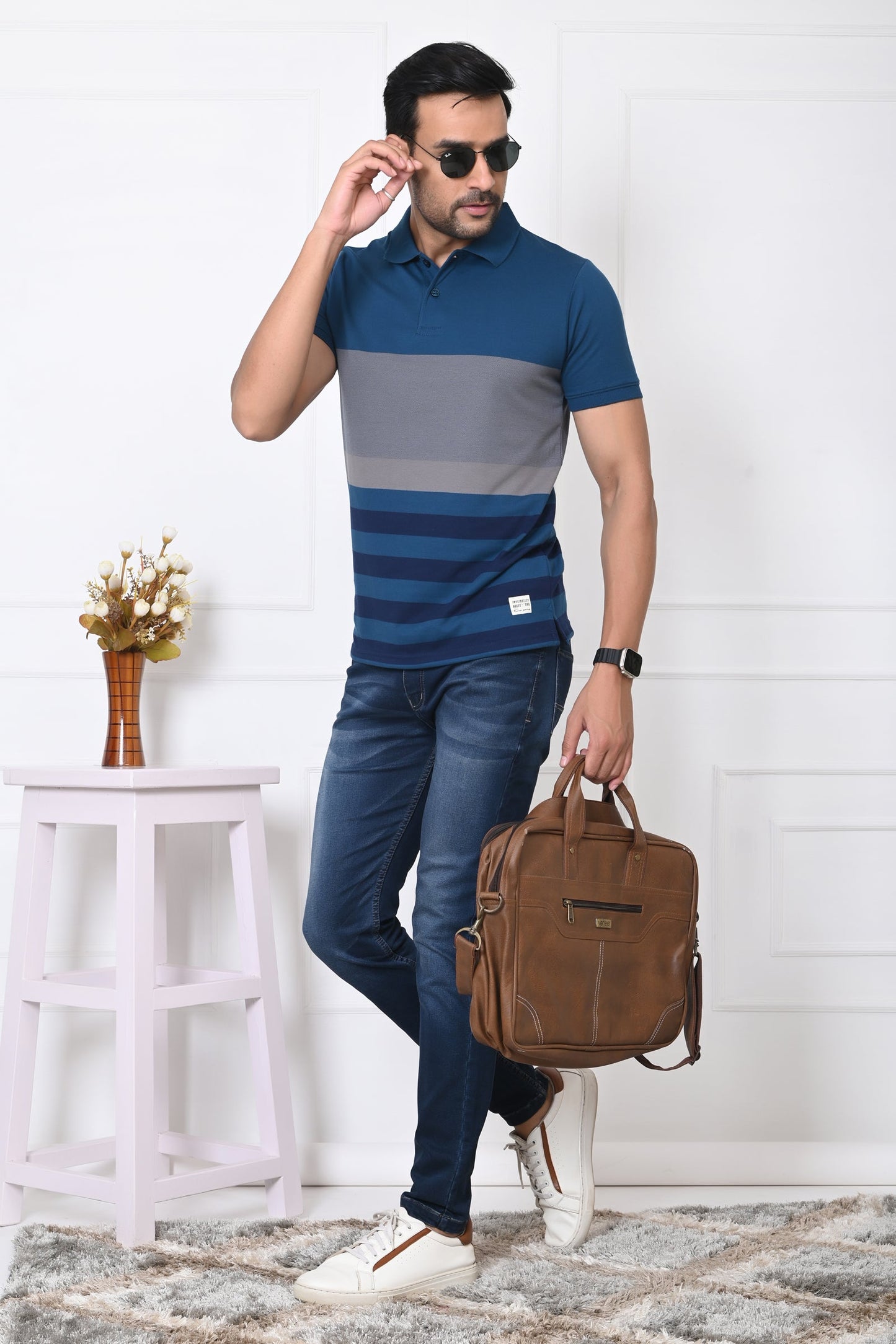 Men Striped Polo Neck Cotton Blend Half Sleeve T-Shirt