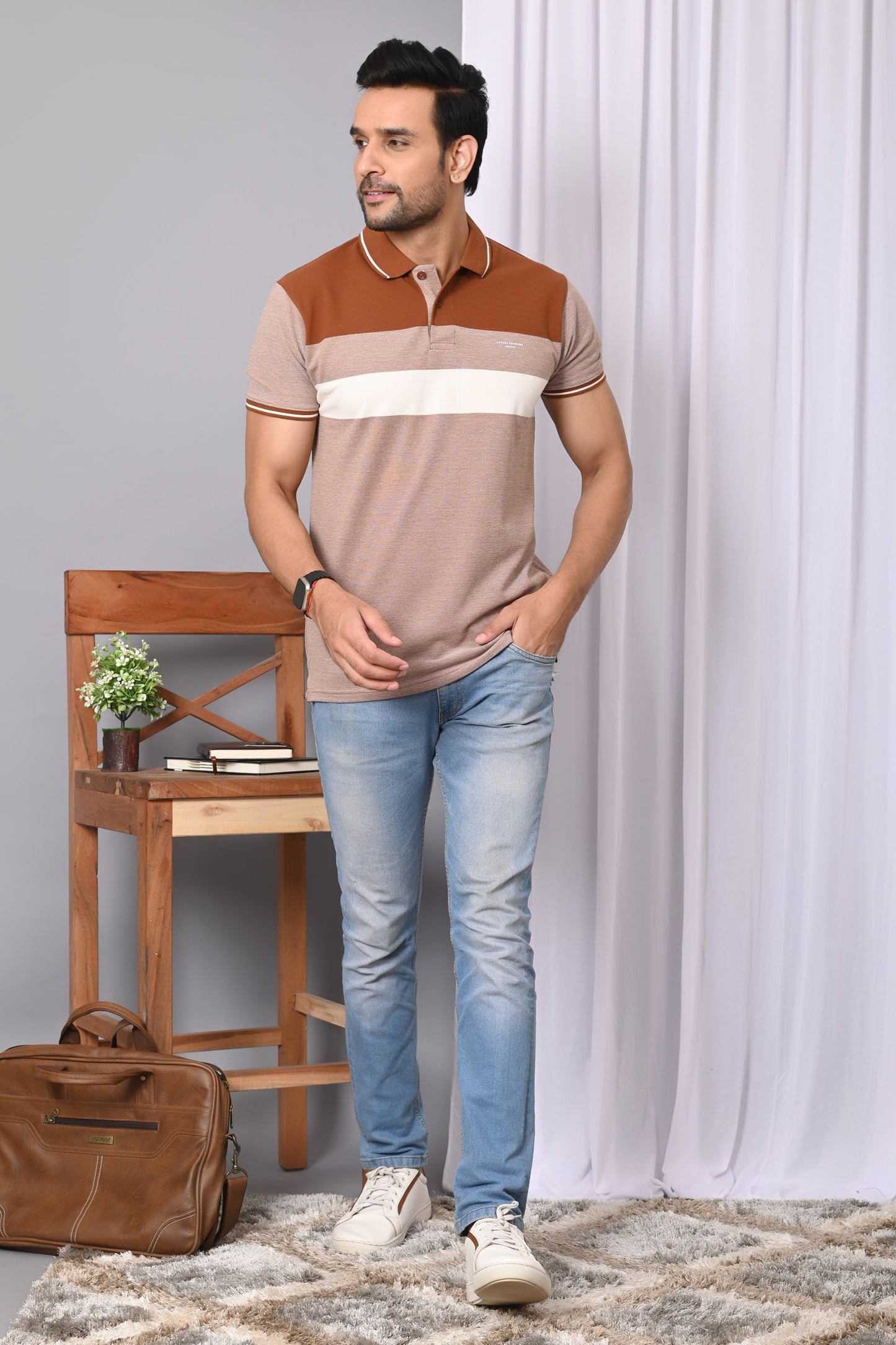 Arbour Men Polo Neck Stripes Casual Half Sleeves T-Shirt