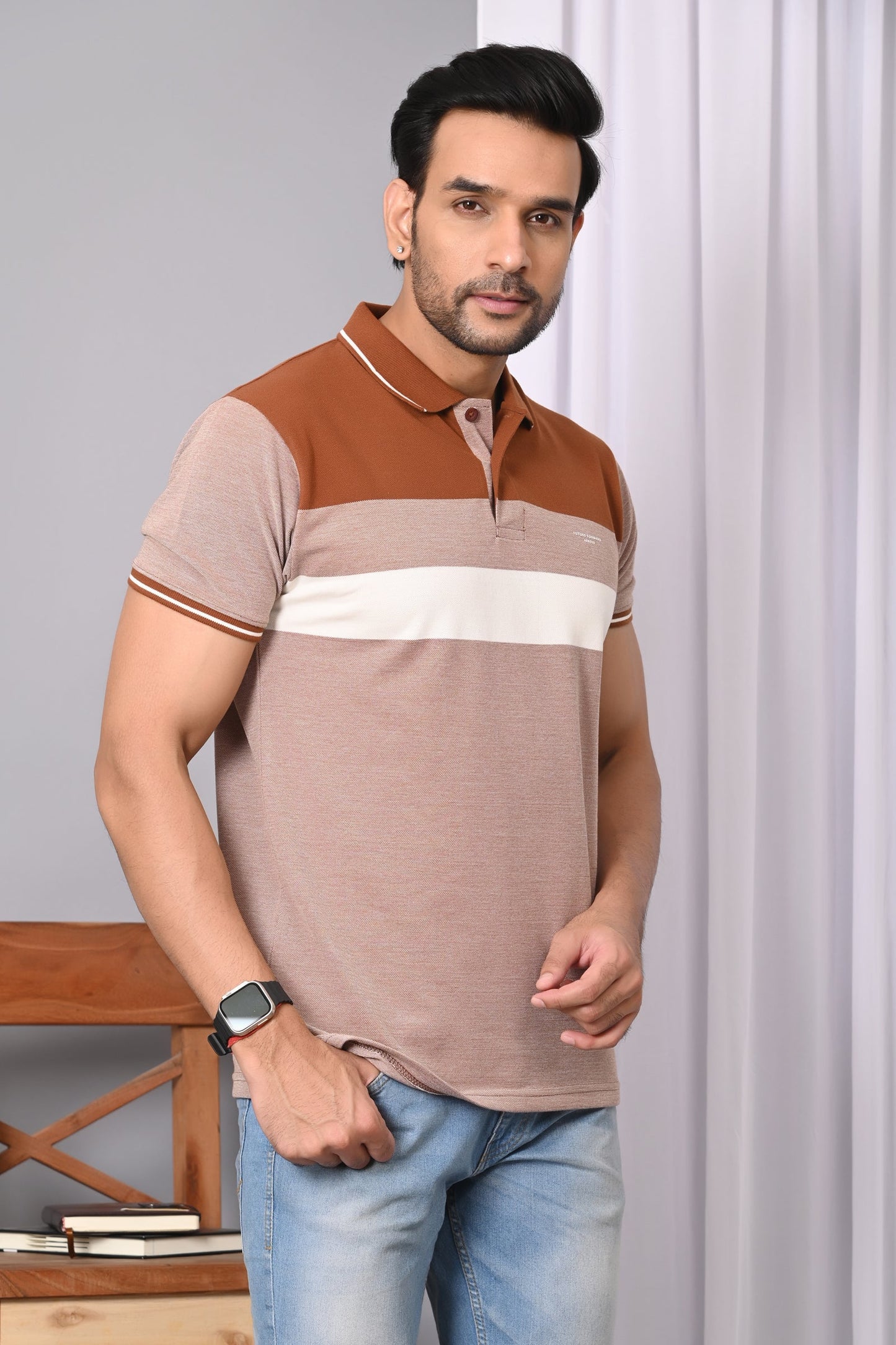 Arbour Men Polo Neck Stripes Casual Half Sleeves T-Shirt