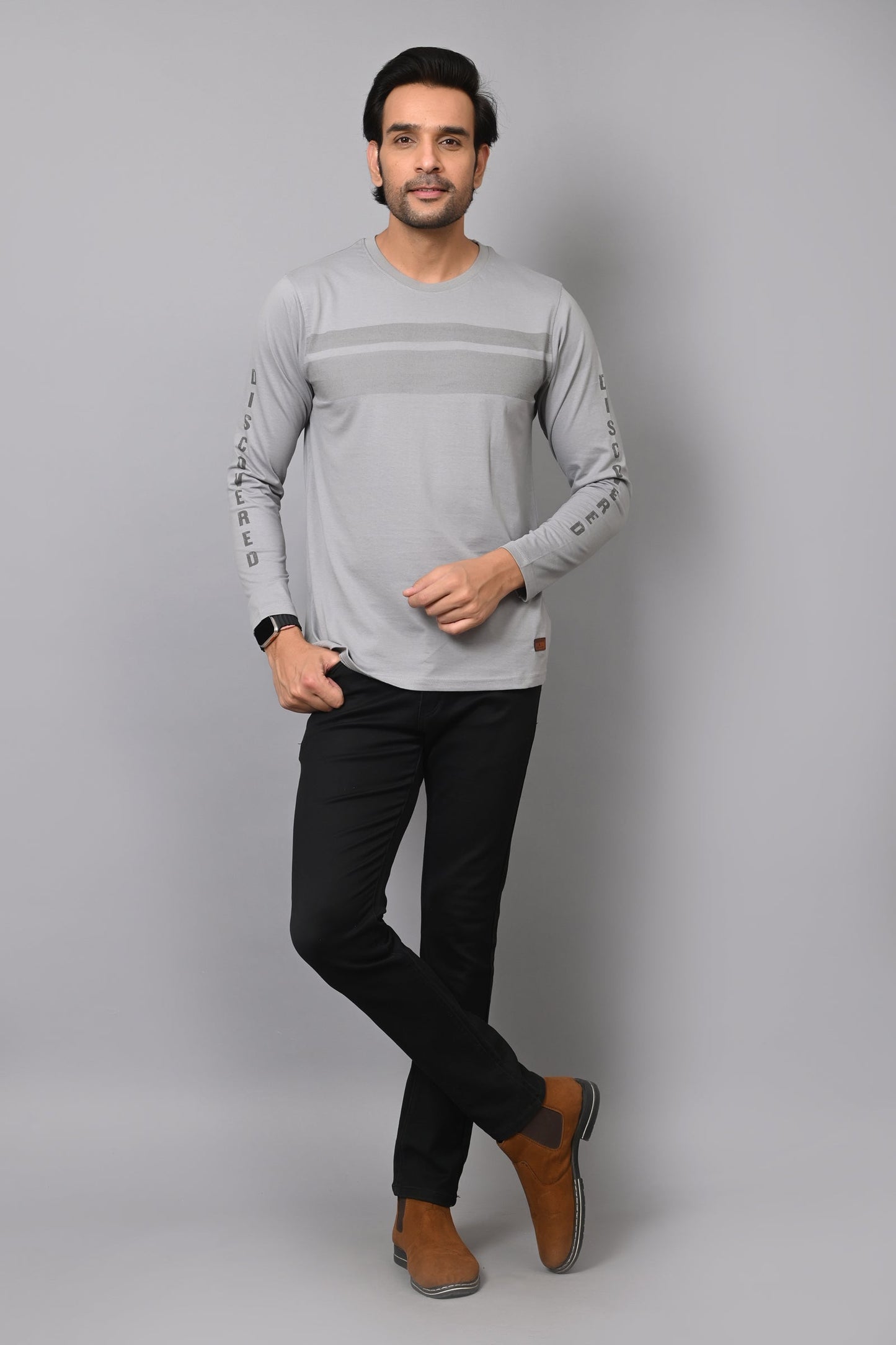 Arbour Men Striped Round Neck Cotton Blend  T-Shirt