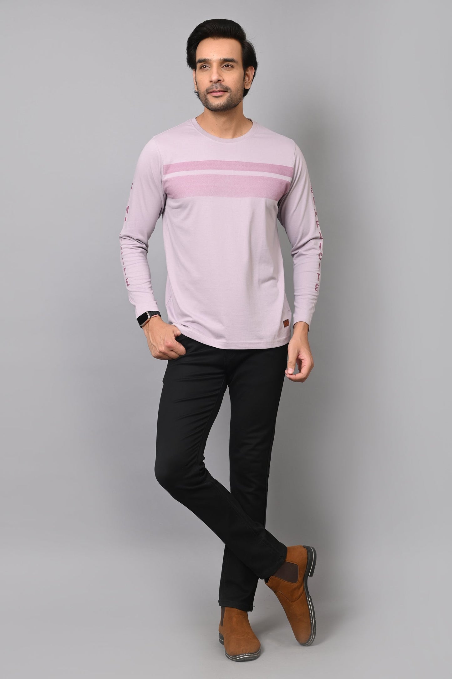 Arbour Men Striped Round Neck Cotton Blend  T-Shirt