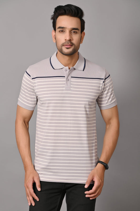 Arbour Men Polo Neck Stripes Casual Slim Fit Half Sleeves T-Shirt