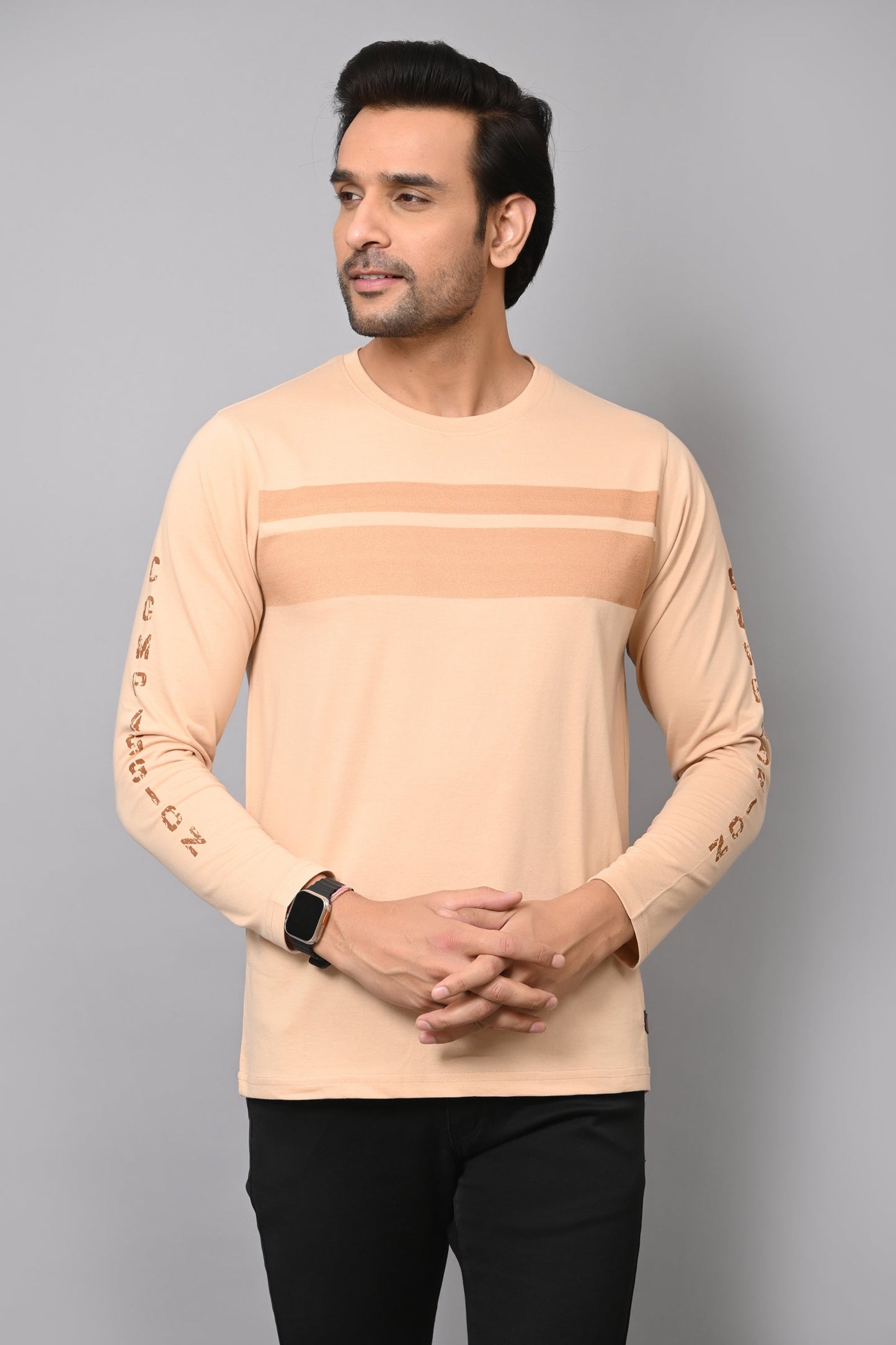 Arbour Men Striped Round Neck Cotton Blend  T-Shirt