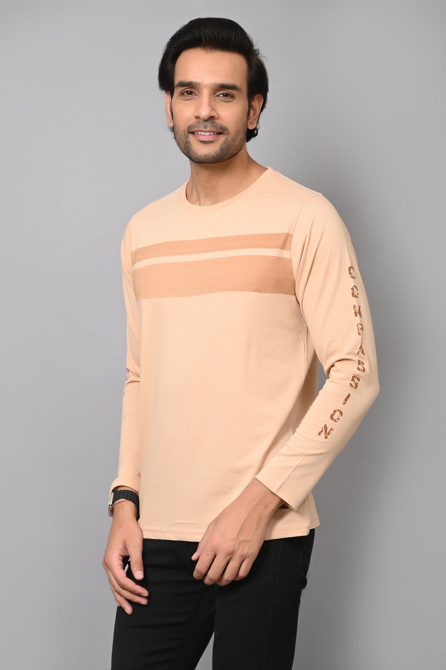 Arbour Men Striped Round Neck Cotton Blend  T-Shirt