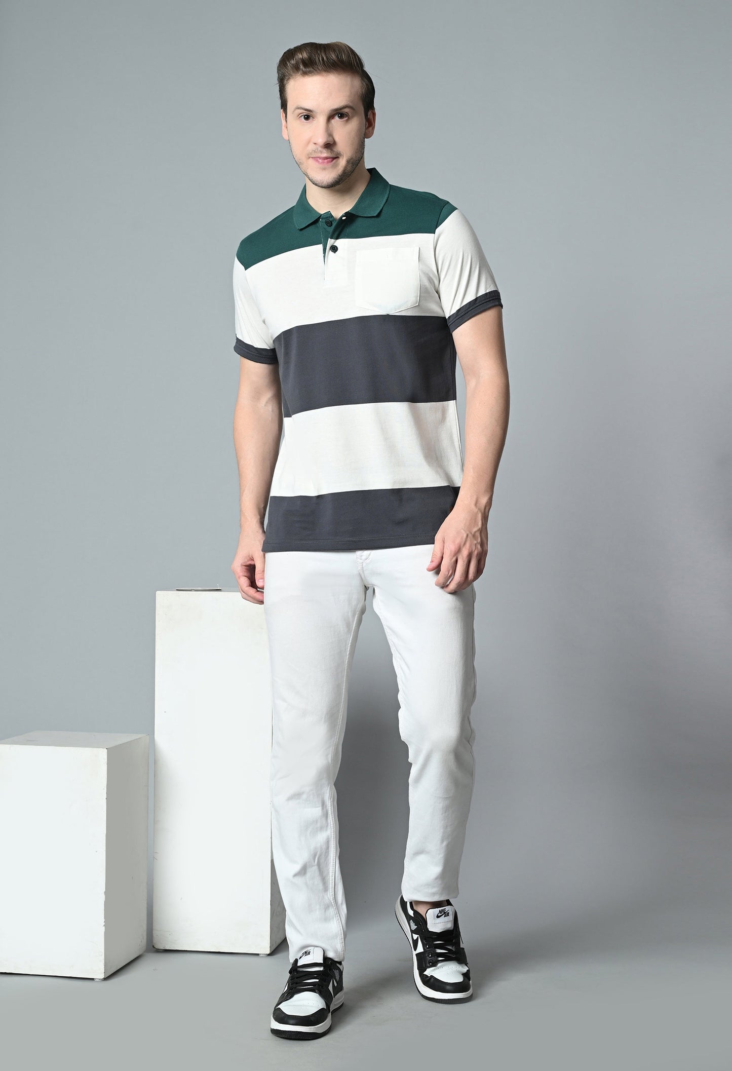 Arbour Men Polo Neck Casual Pocket Color Block T-Shirt