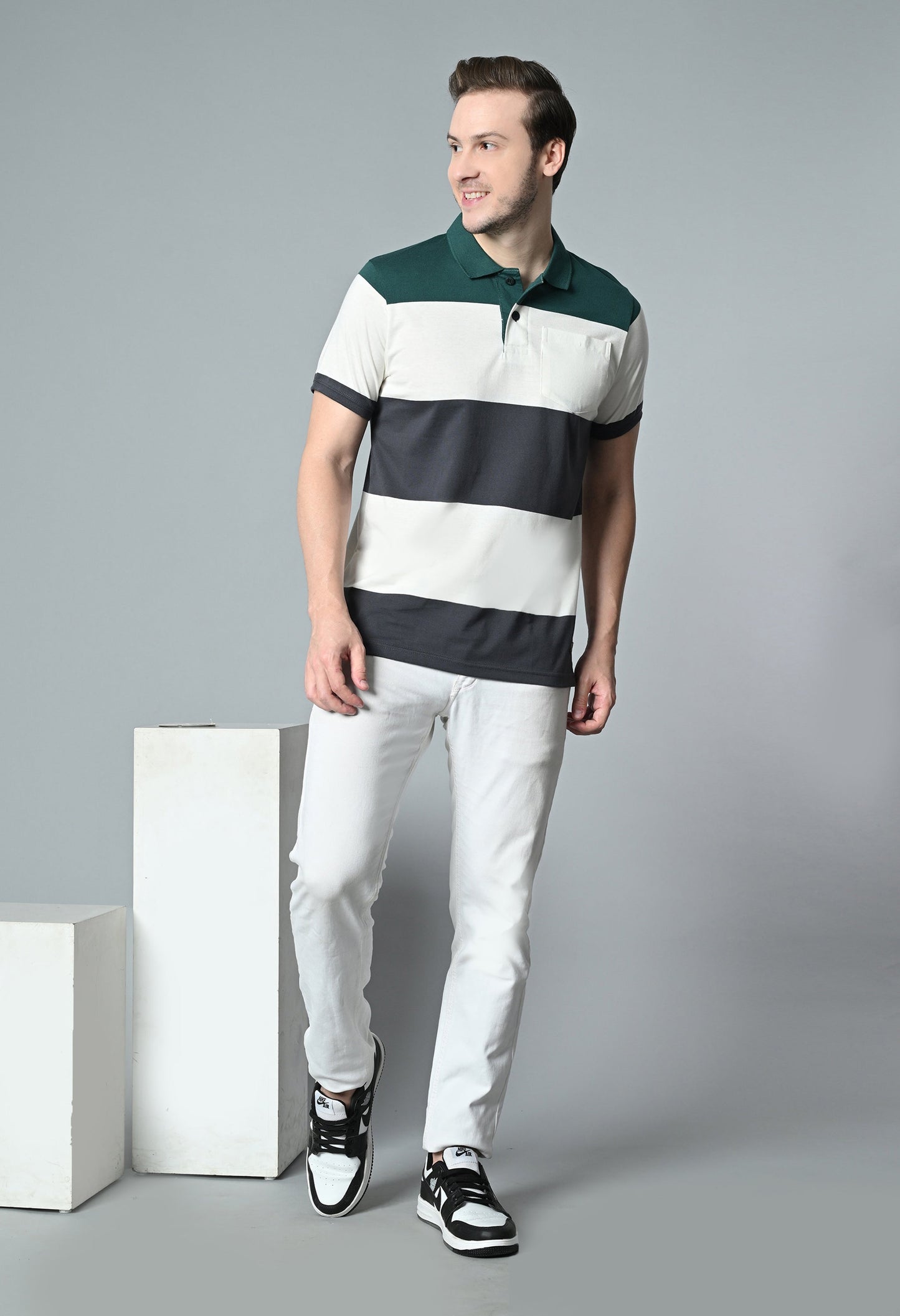 Arbour Men Polo Neck Casual Pocket Color Block T-Shirt