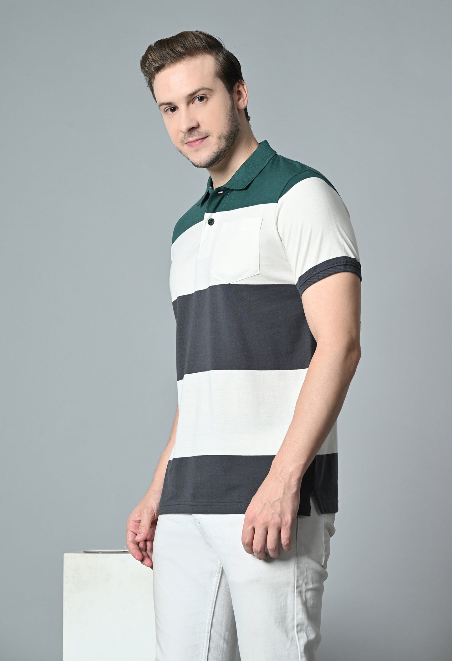 Arbour Men Polo Neck Casual Pocket Color Block T-Shirt