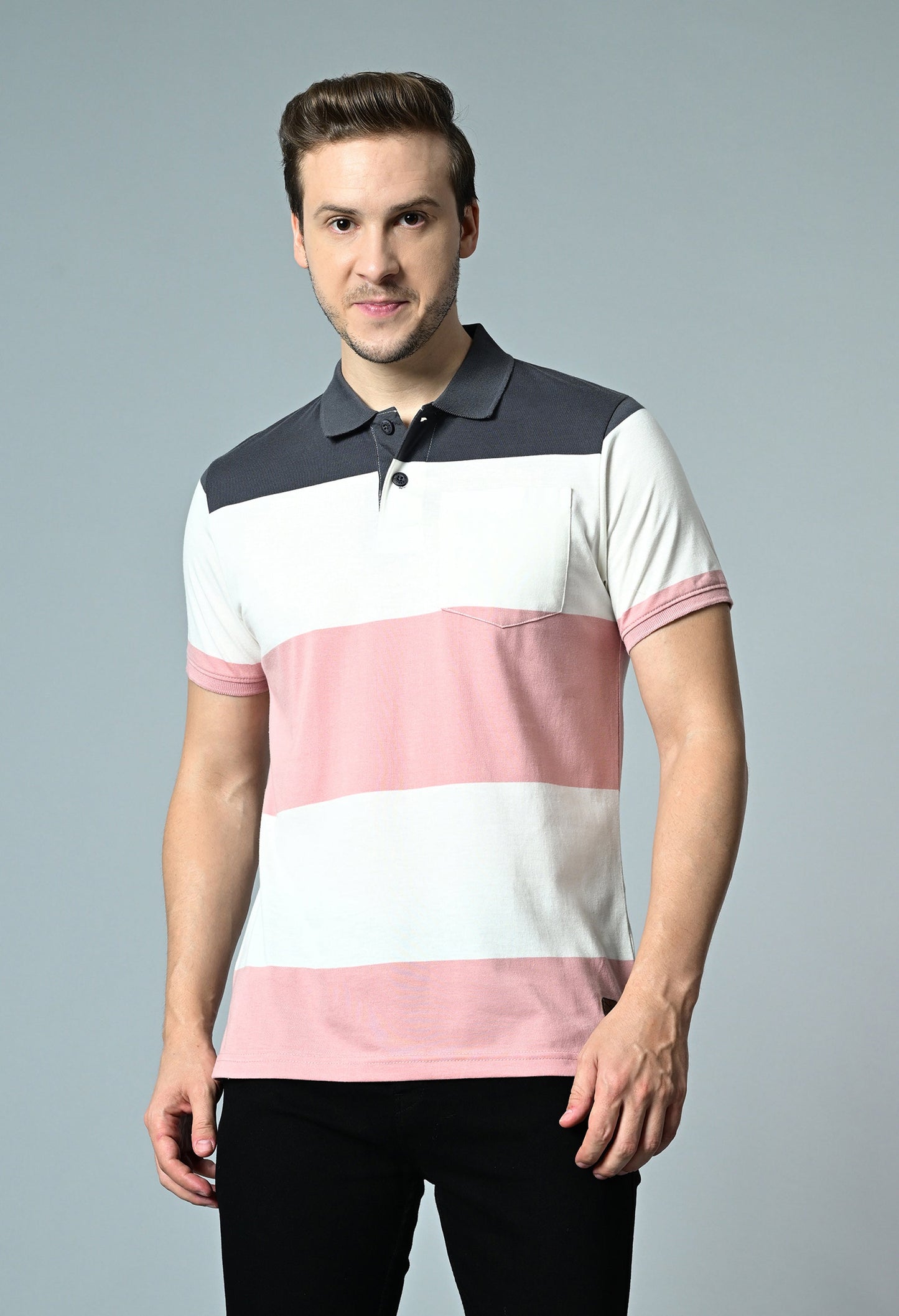 Arbour Men Polo Neck Casual Pocket Color Block T-Shirt