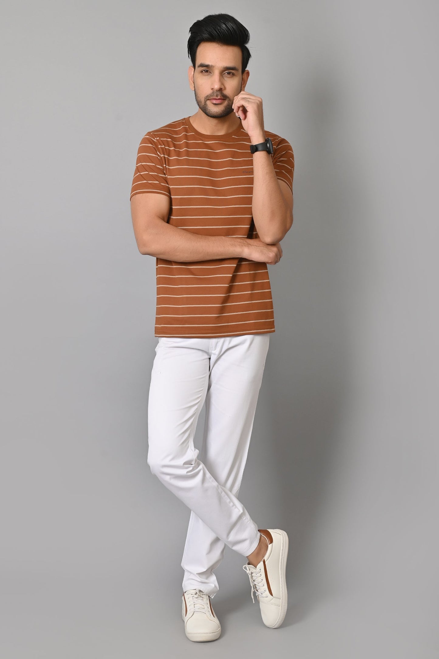 Arbour Men Round Neck Half Sleeves Stripes Slim Fit T-Shirt