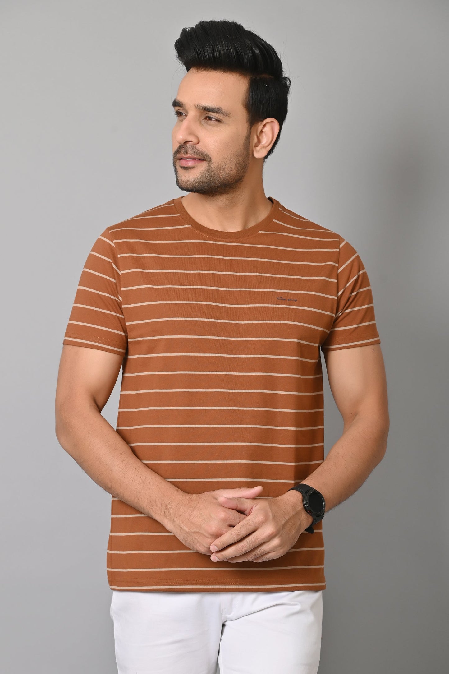 Arbour Men Round Neck Half Sleeves Stripes Slim Fit T-Shirt