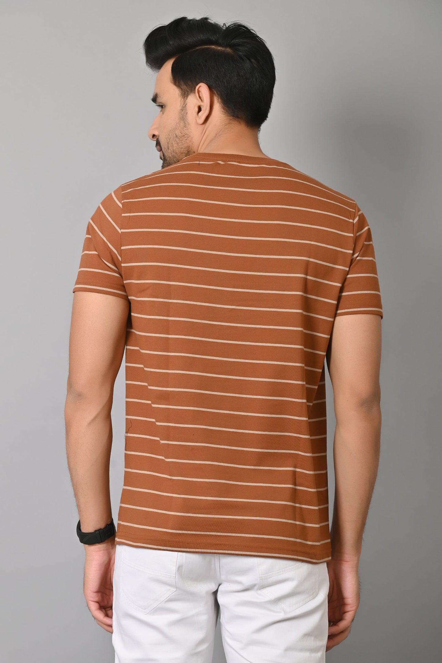 Arbour Men Round Neck Half Sleeves Stripes Slim Fit T-Shirt