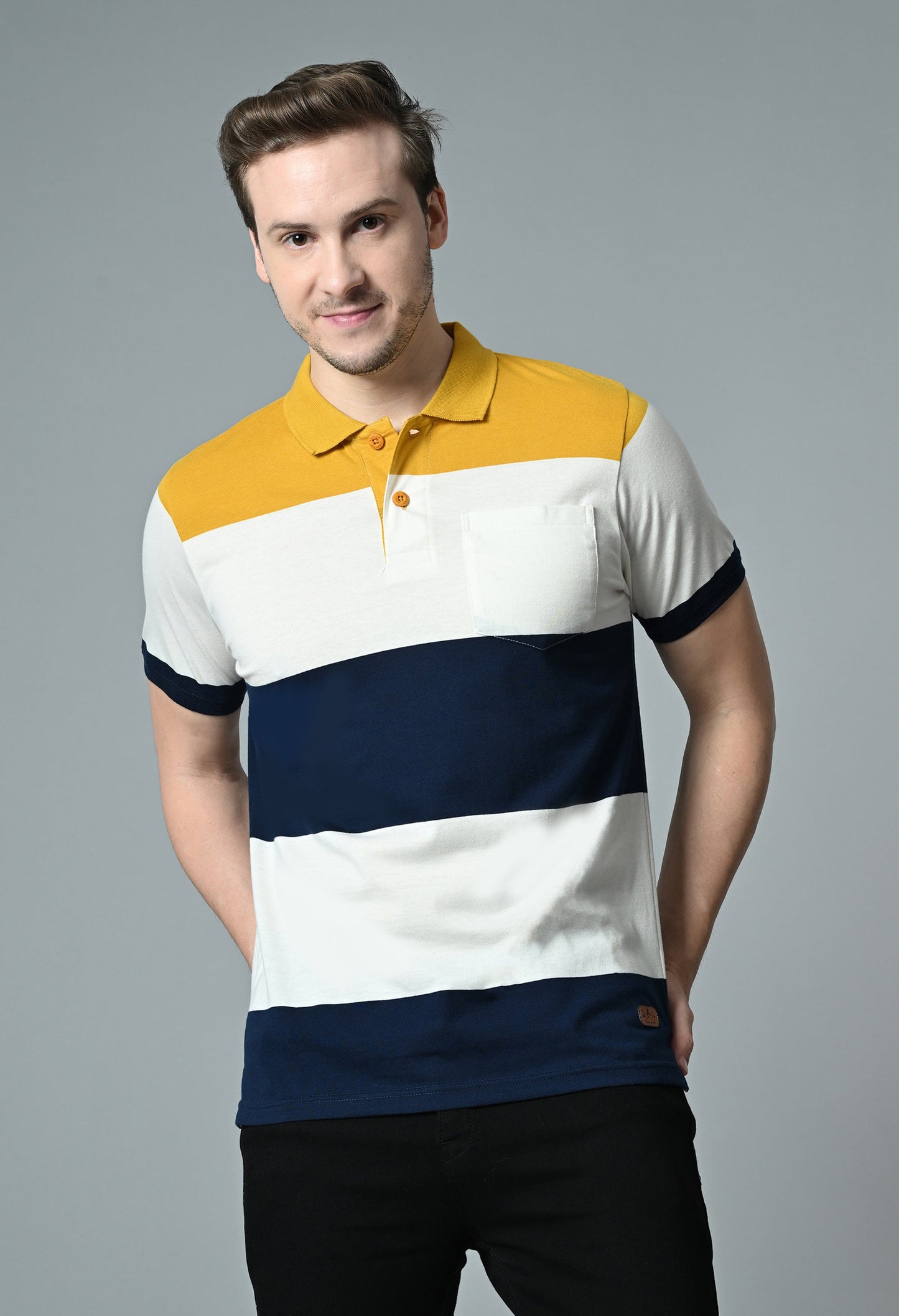 Arbour Men Polo Neck Casual Pocket Color Block T-Shirt