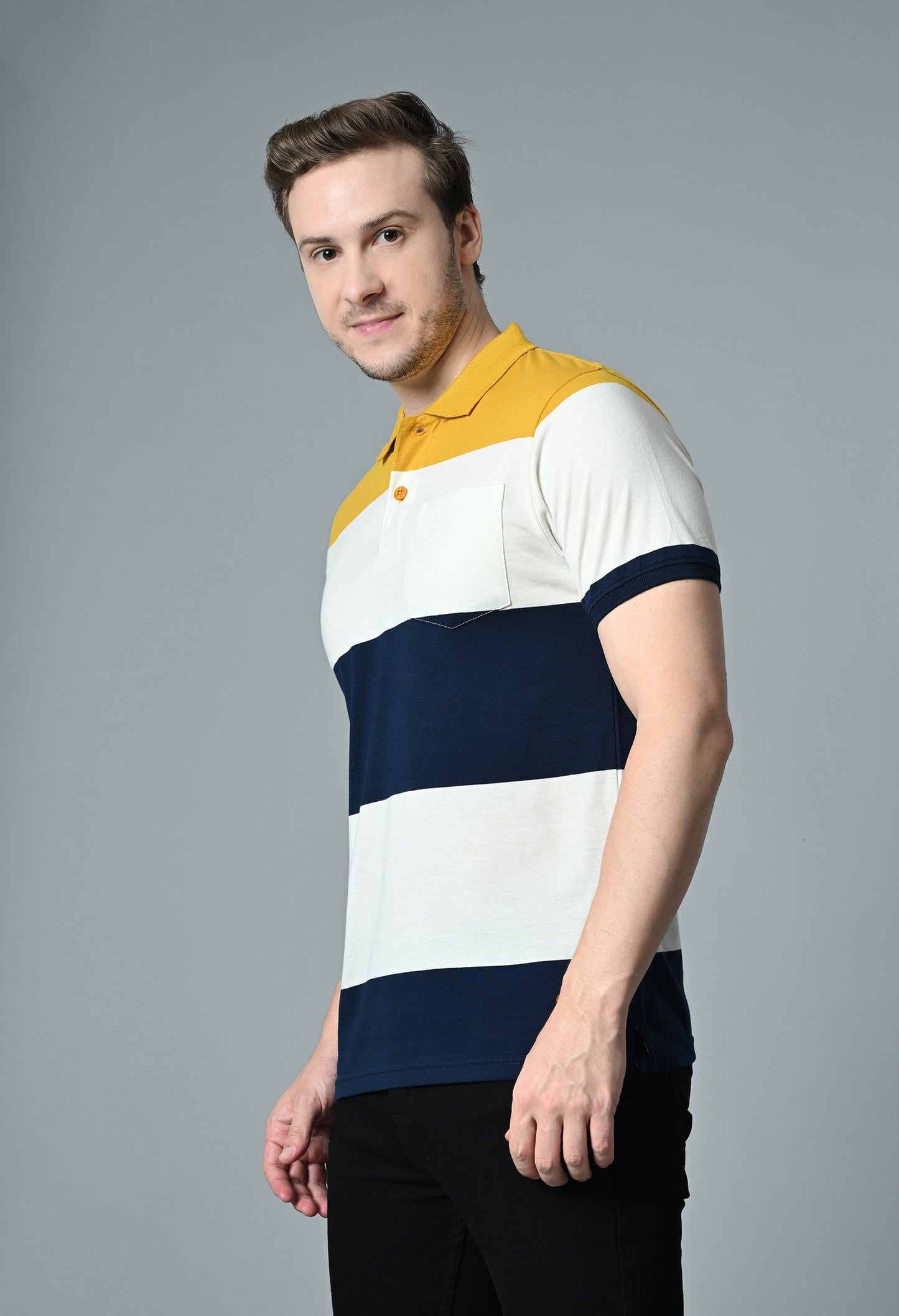 Arbour Men Polo Neck Casual Pocket Color Block T-Shirt