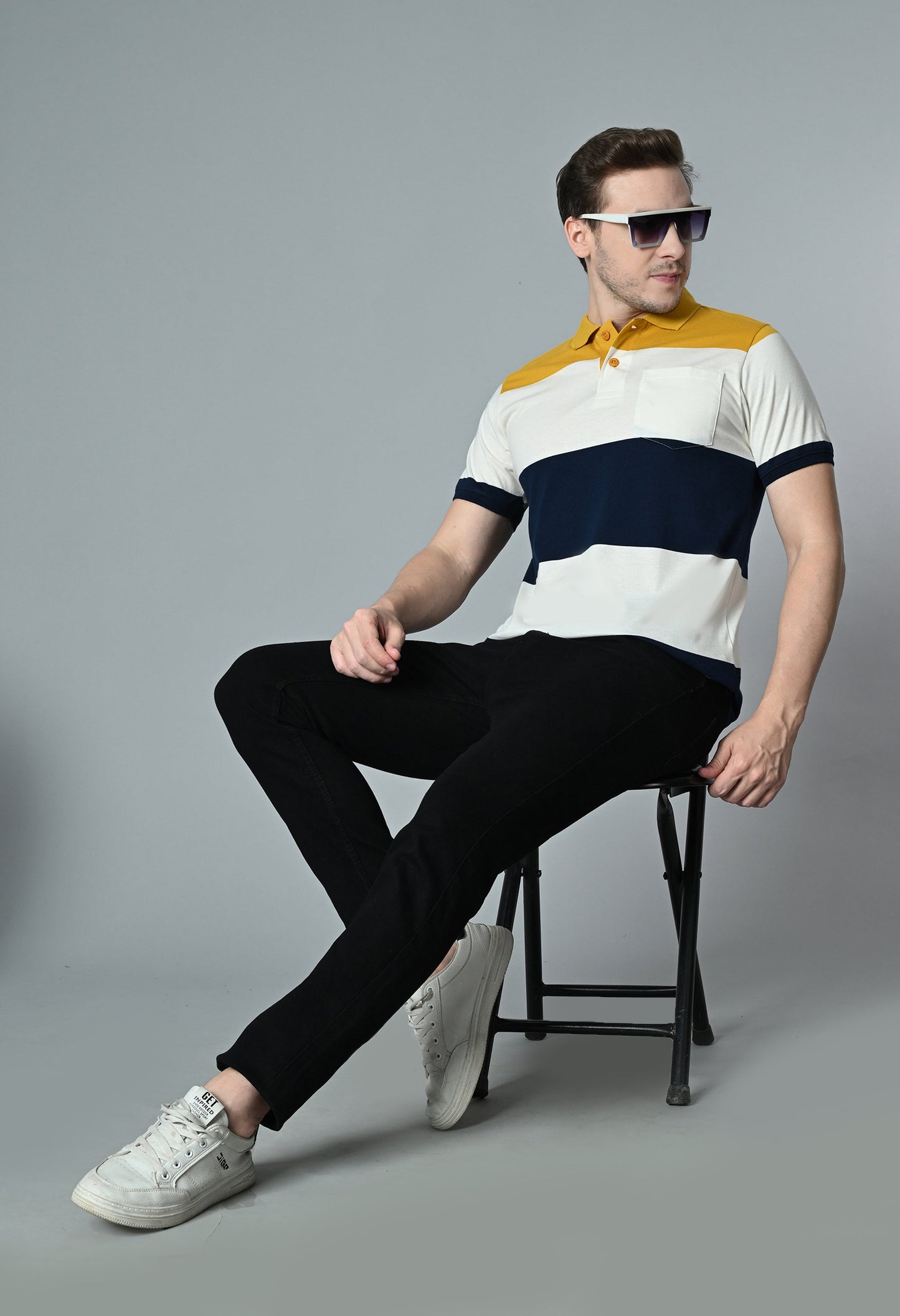 Arbour Men Polo Neck Casual Pocket Color Block T-Shirt