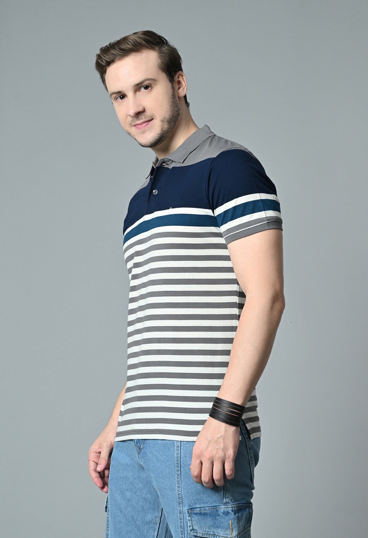 Arbour Men Polo Neck Half Sleeves Casual Cotton Stripes T-Shirt