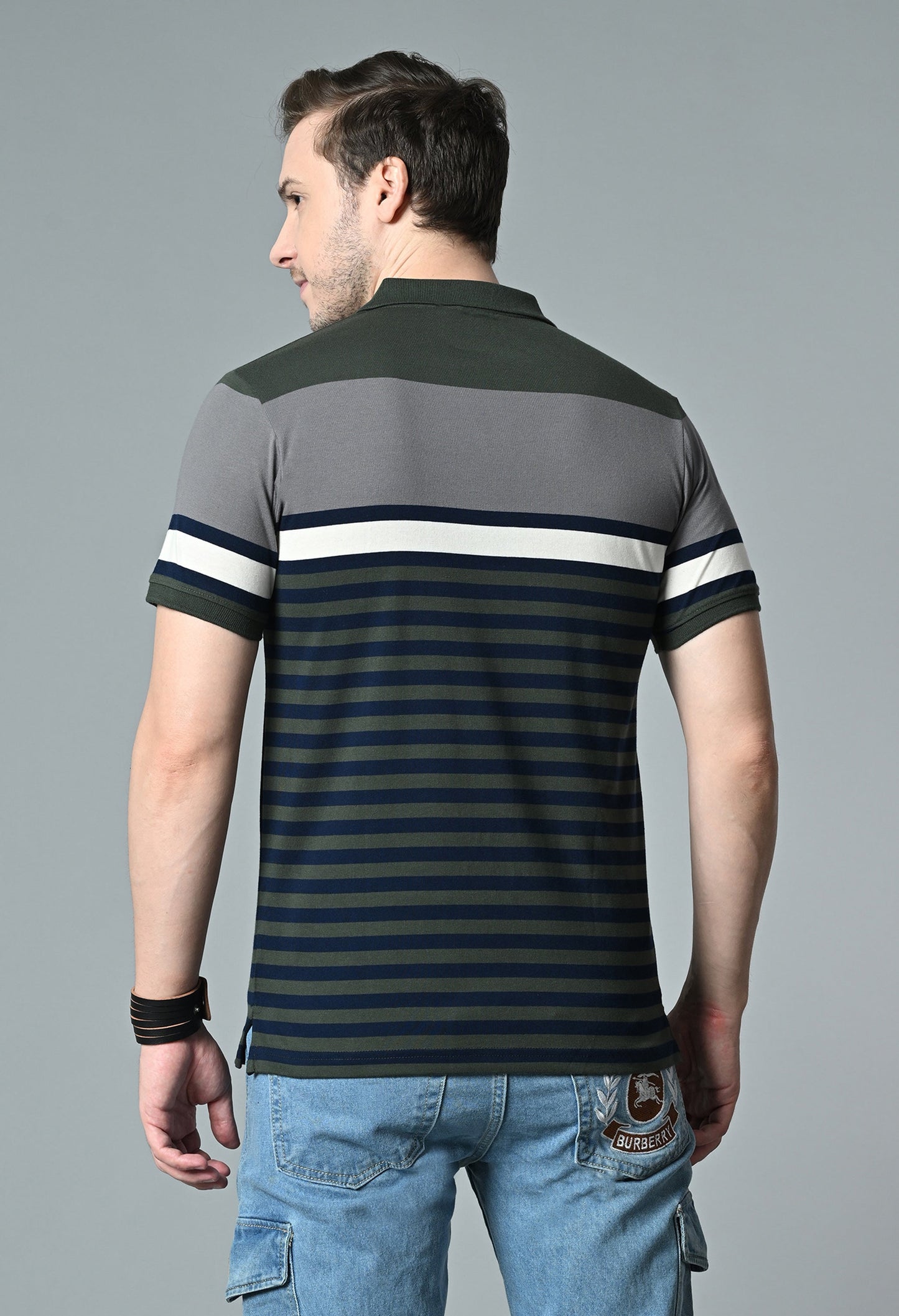 Arbour Men Polo Neck Half Sleeves Casual Cotton Stripes T-Shirt