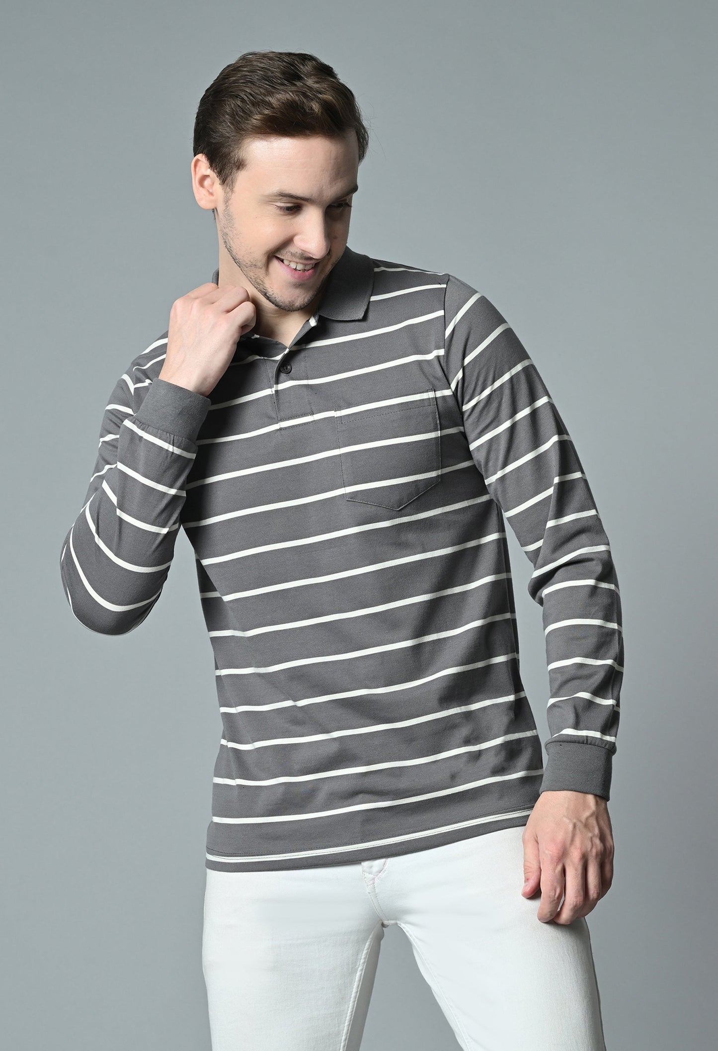 Arbour Men Polo Neck Stripes Pocket Full Sleeves T-Shirt