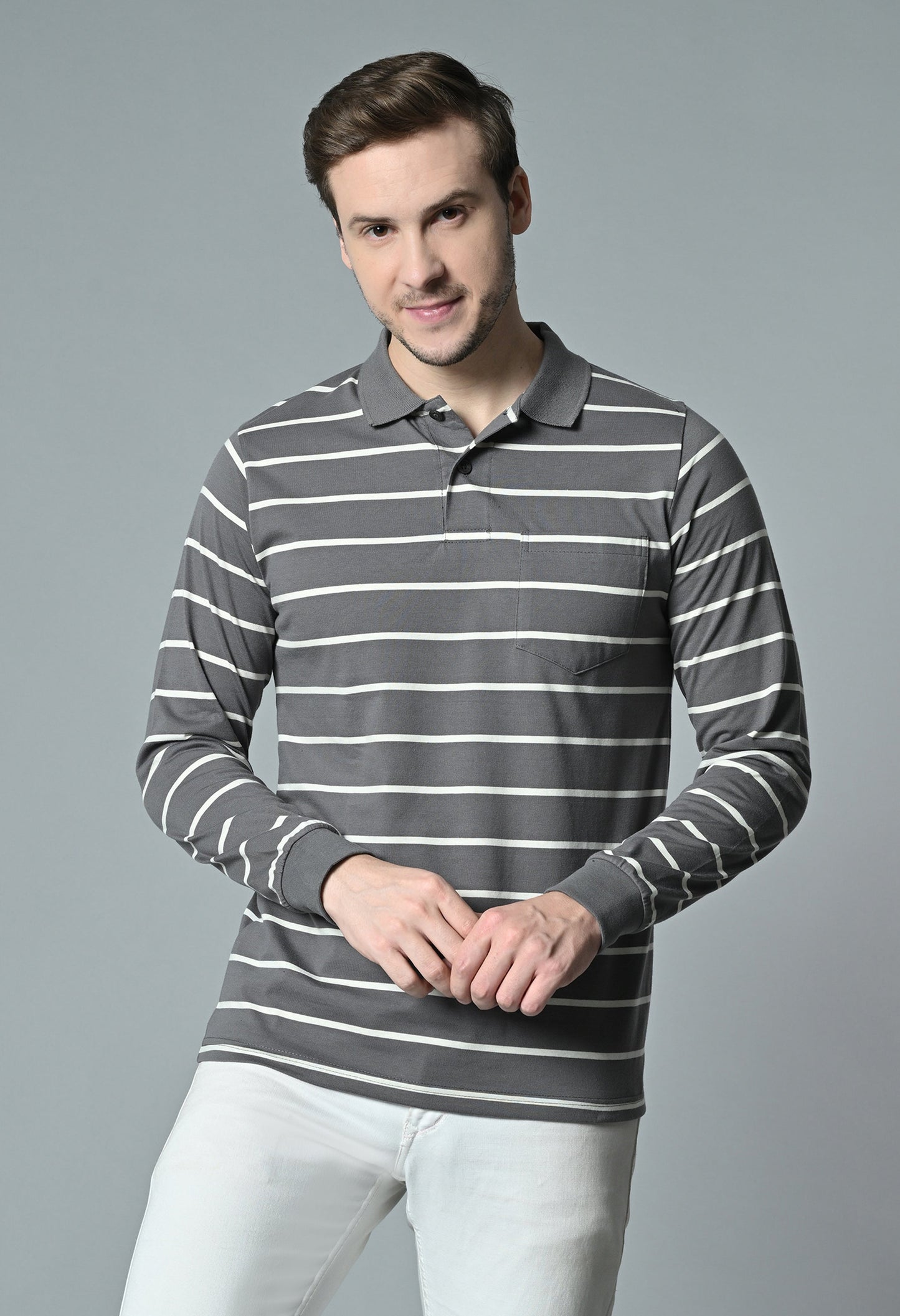 Arbour Men Polo Neck Stripes Pocket Full Sleeves T-Shirt