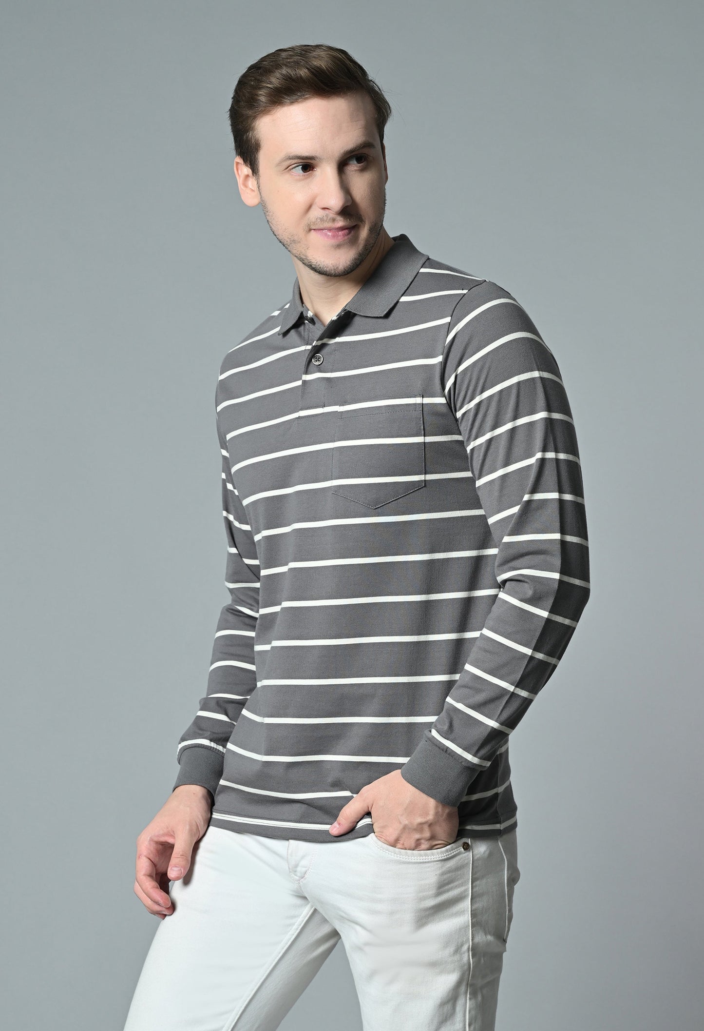 Arbour Men Polo Neck Stripes Pocket Full Sleeves T-Shirt