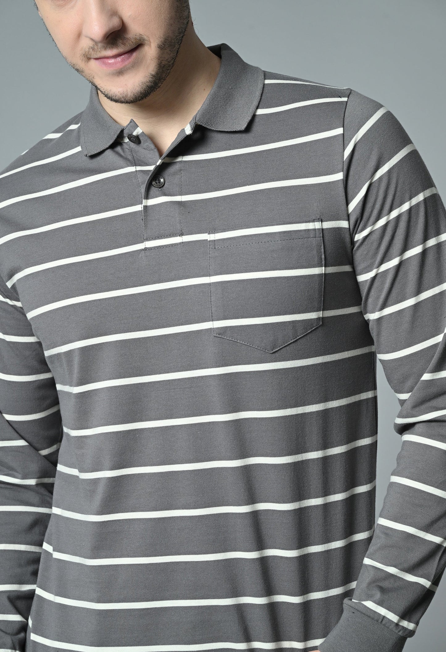 Arbour Men Polo Neck Stripes Pocket Full Sleeves T-Shirt