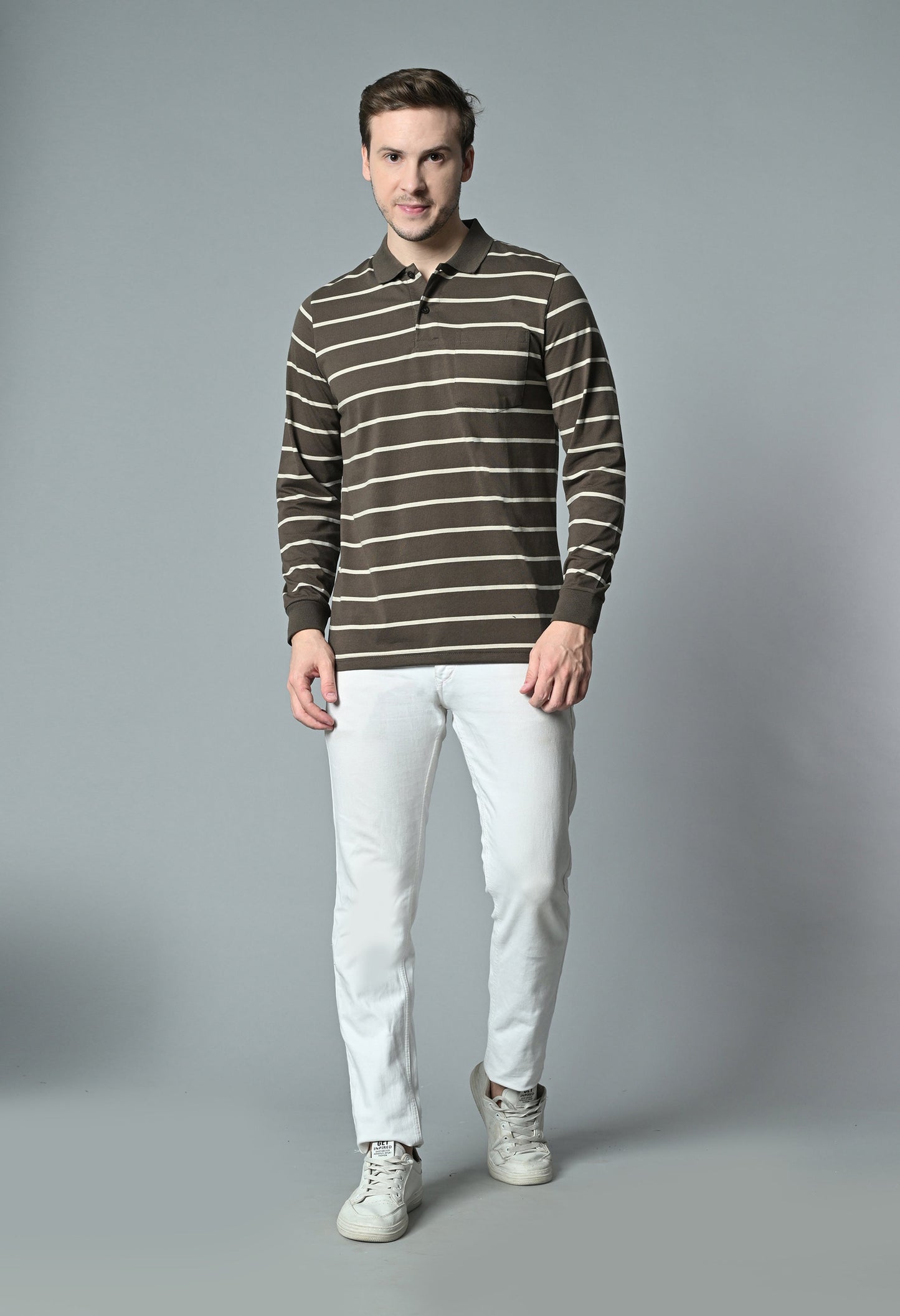 Arbour Men Polo Neck Stripes Pocket Full Sleeves T-Shirt